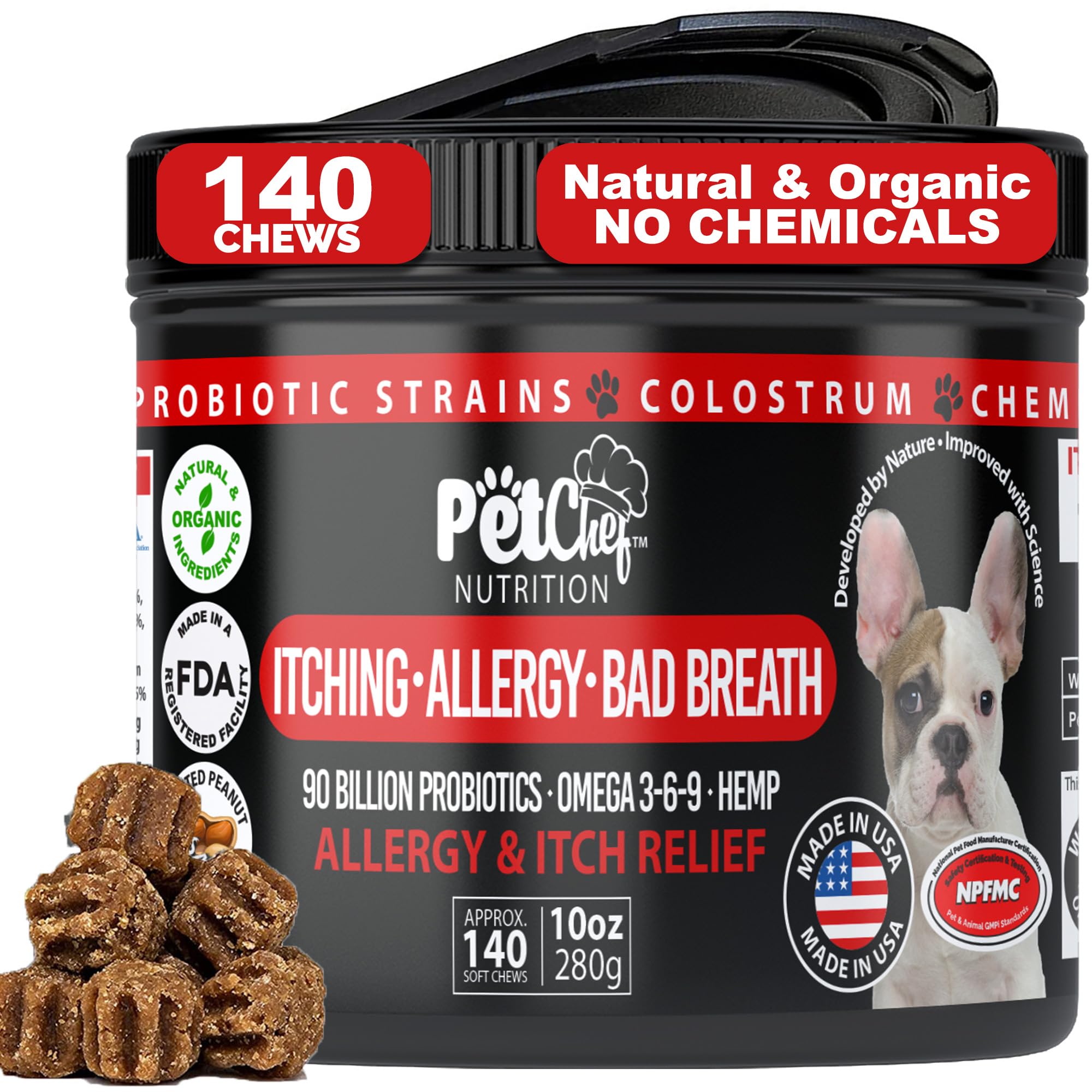 Pet Chef Dog Stop Itching & Allergy Blocker Chew - Natural Anti Itch for Dogs with Omega 3, Salmon Oil - Peanut Butter - Best Va