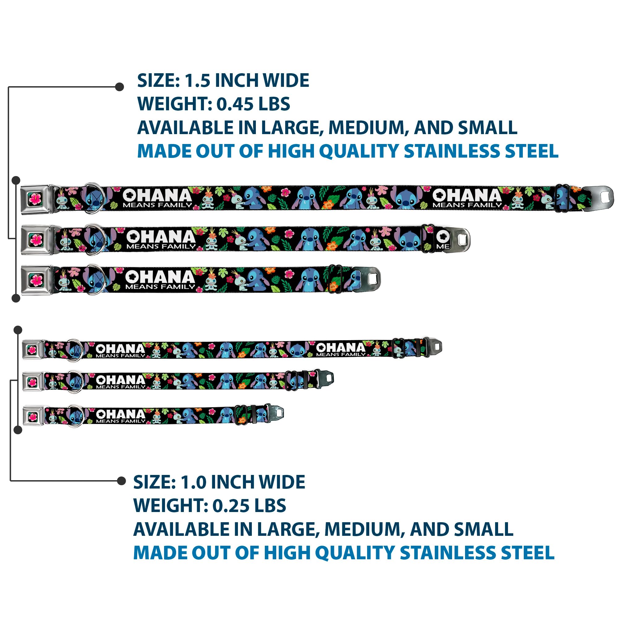 Buckle-Down Lilo & Stitch -Ohana Means Family Dog Collar, Seat Belt Buckle, Black Multicolor
