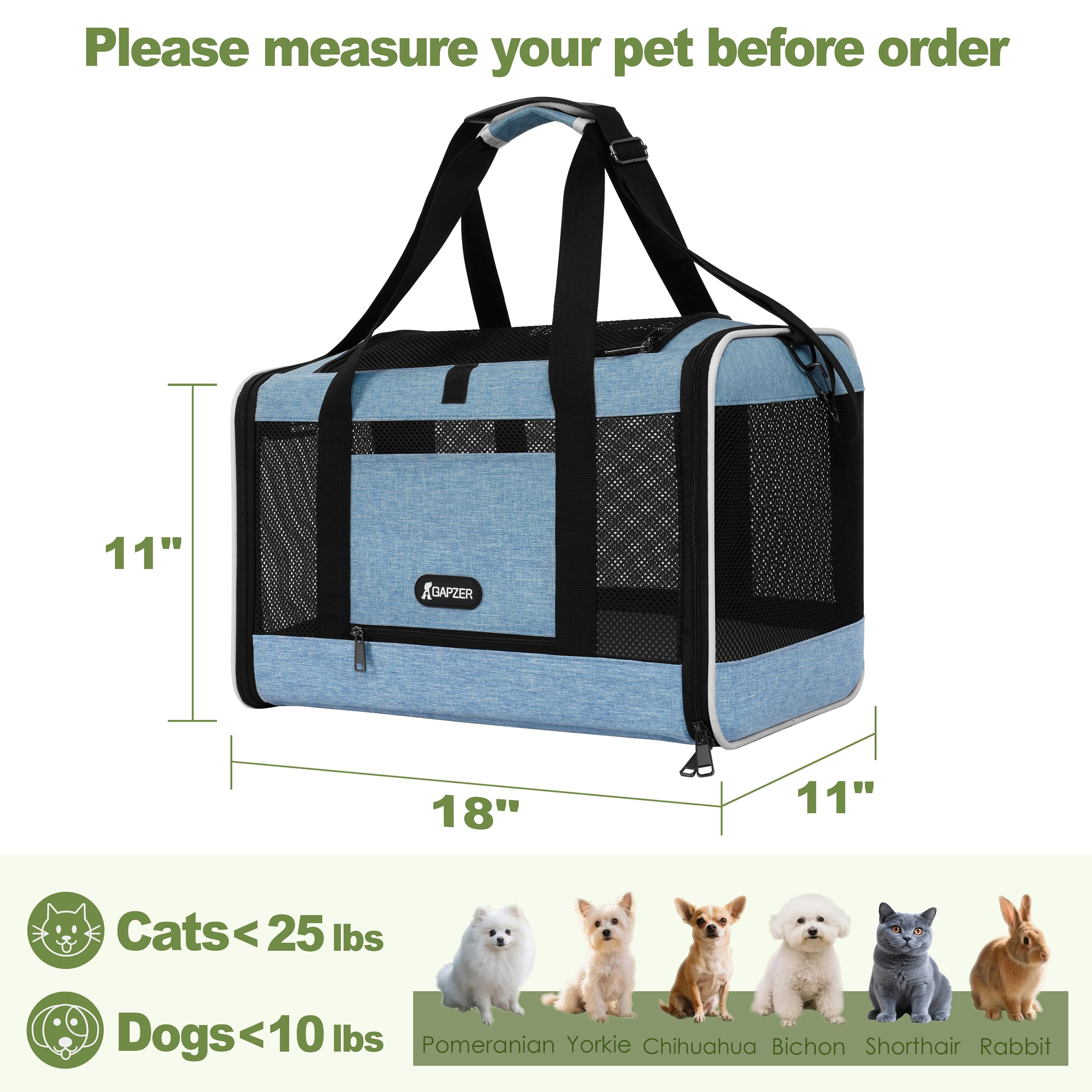 GAPZER Cat Carrier - Soft-Sided Travel Bag for Pets, Medium Size, Blue, Top Loading, 600D Oxford, Ideal for Small Dogs & Cats Under 25 lbs