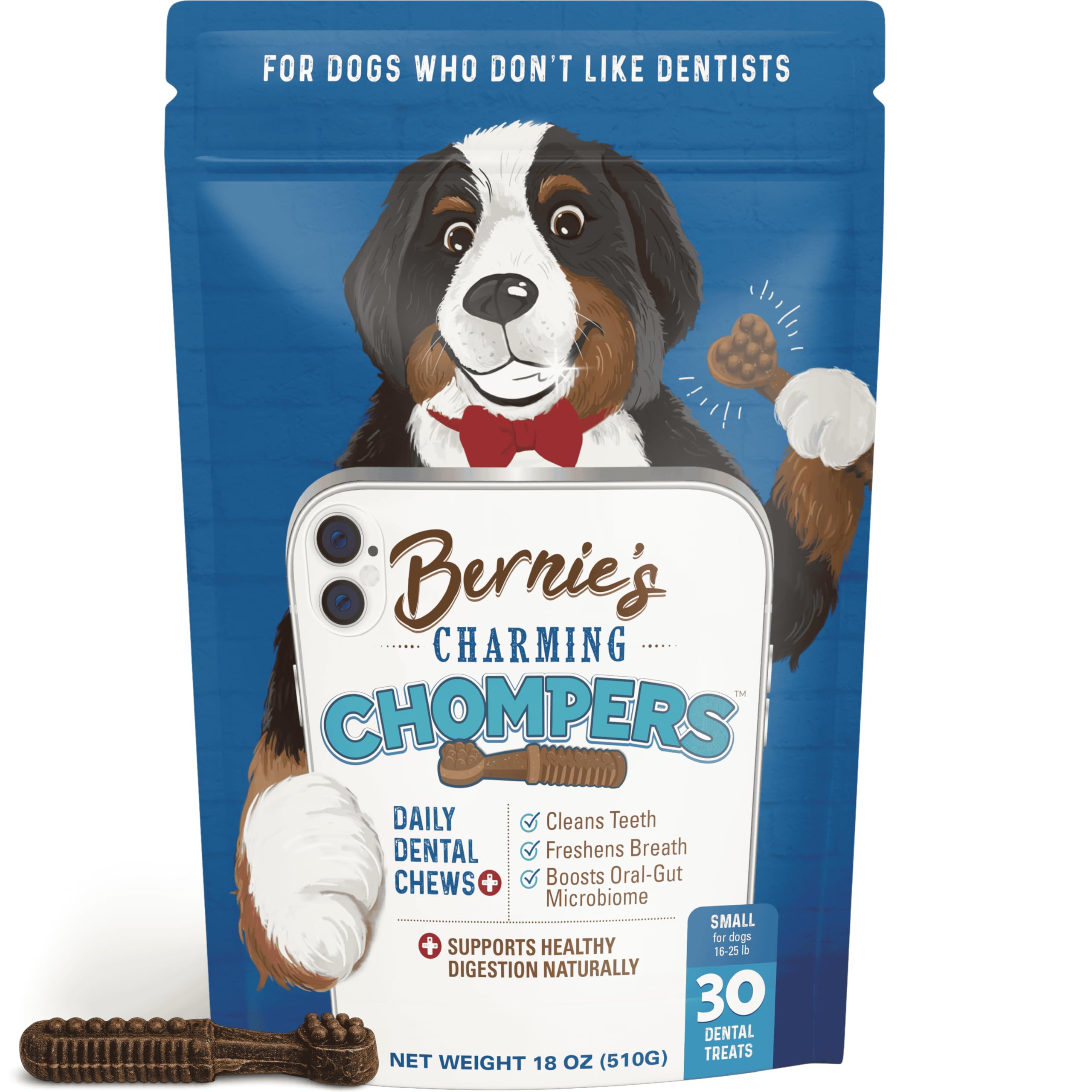 Bernies Charming Chompers - Daily Dental Chews for Dogs 15-25 Lbs. - 30 Count - Cleans Teeth, Freshens Breath, + Boosts Oral-Gu