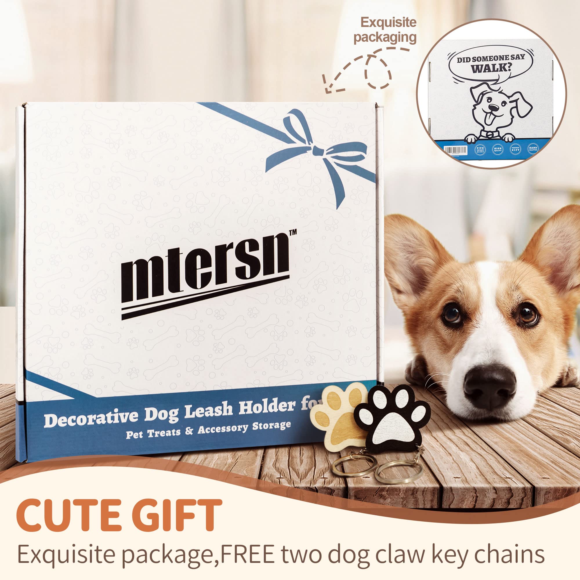 Mtersn Dog Leash Holder For Wall - Decorative Key Organizer And Leash Holder Wall Mount With 5 Dogs Paw Print Hooks For Dogs Lea