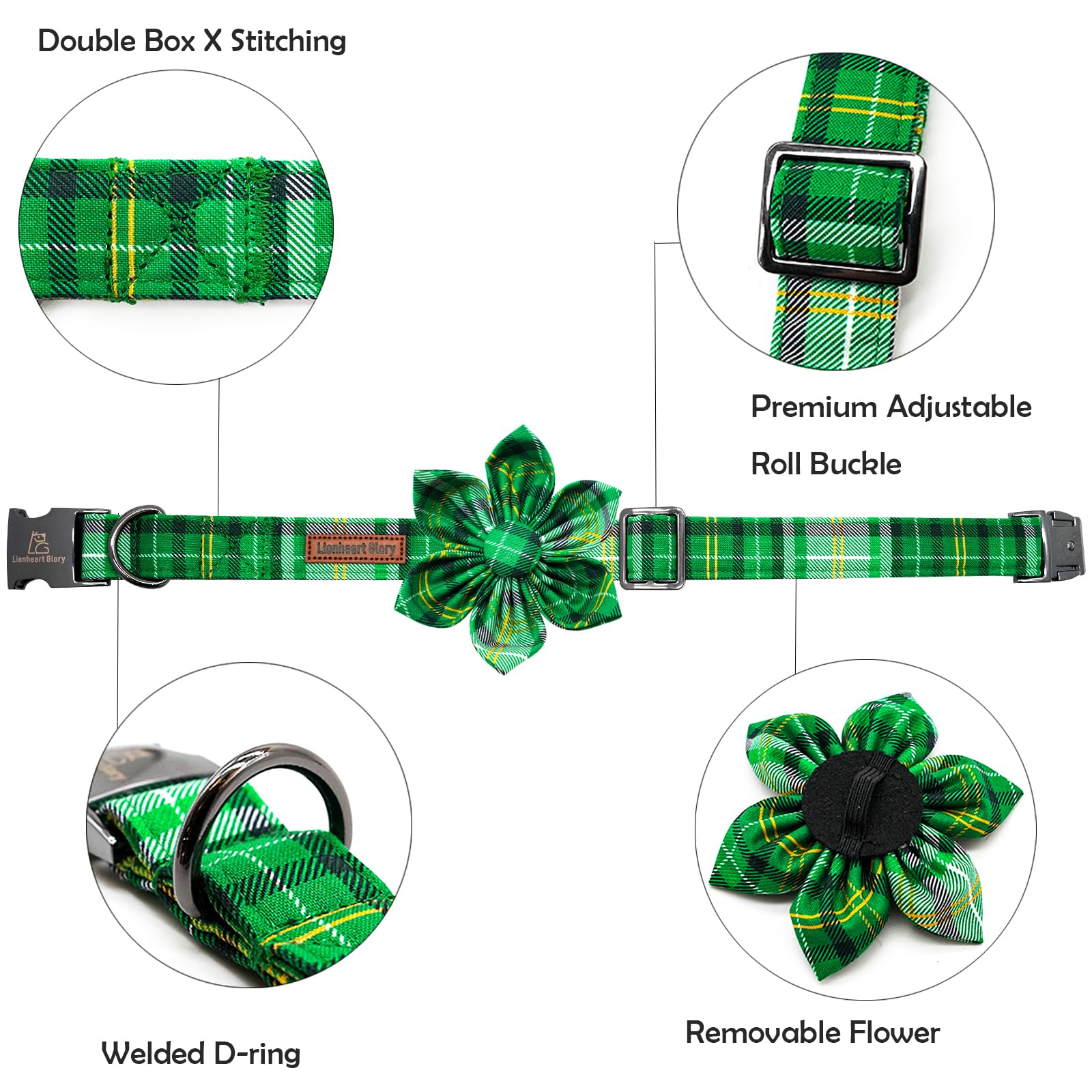 Lionheart Glory St. Patrick'S Day Collar For X-Large Dogs - Green Plaid, Flower Pet Collar Bows