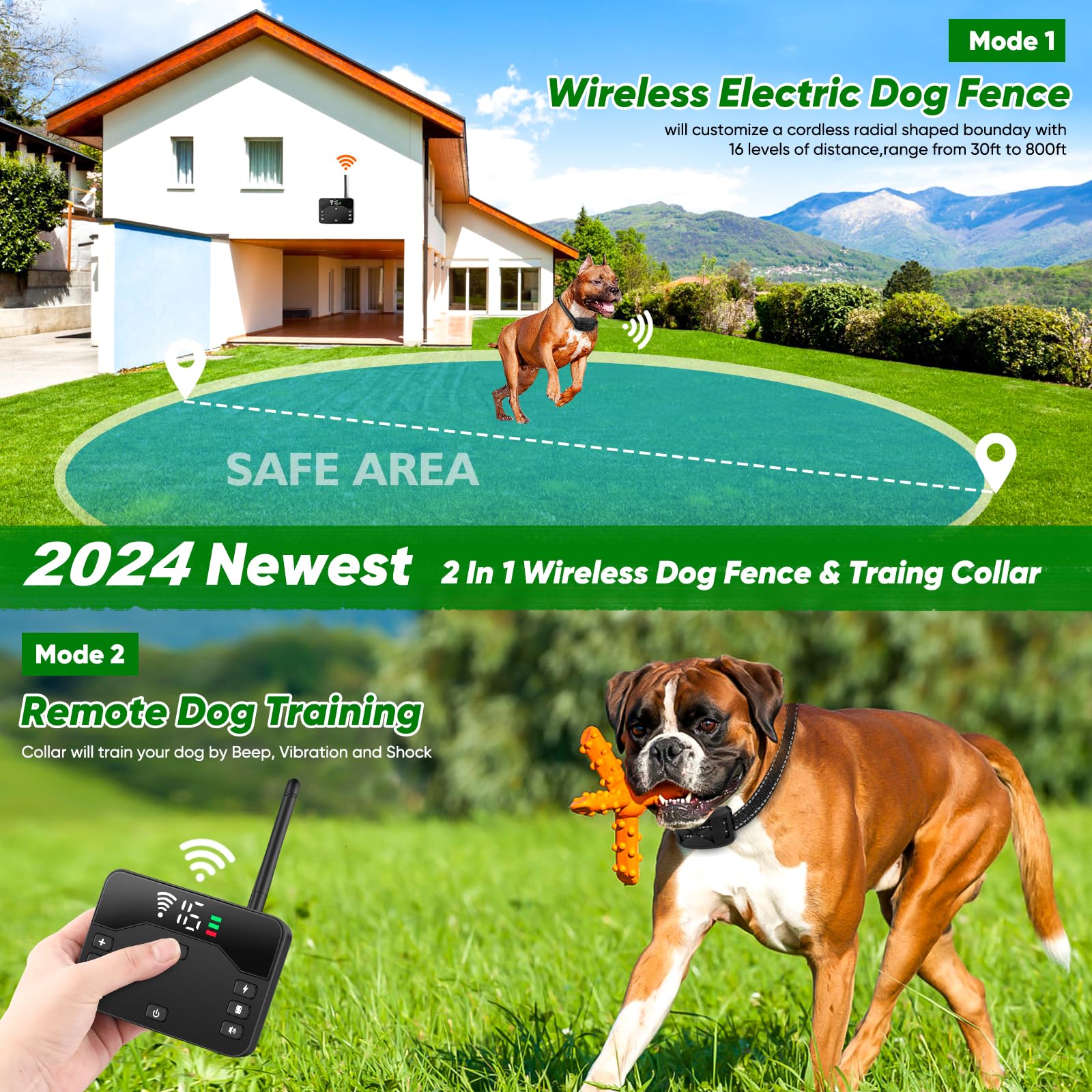 Bhcey Wireless Dog Fence, 2024 Electric Fence For 2 Dogs Shocks Training Collar Remote 2-In-1,Wireless Pet Containment System With Adjustable Vibration & Shock Training Collar For All Dogs