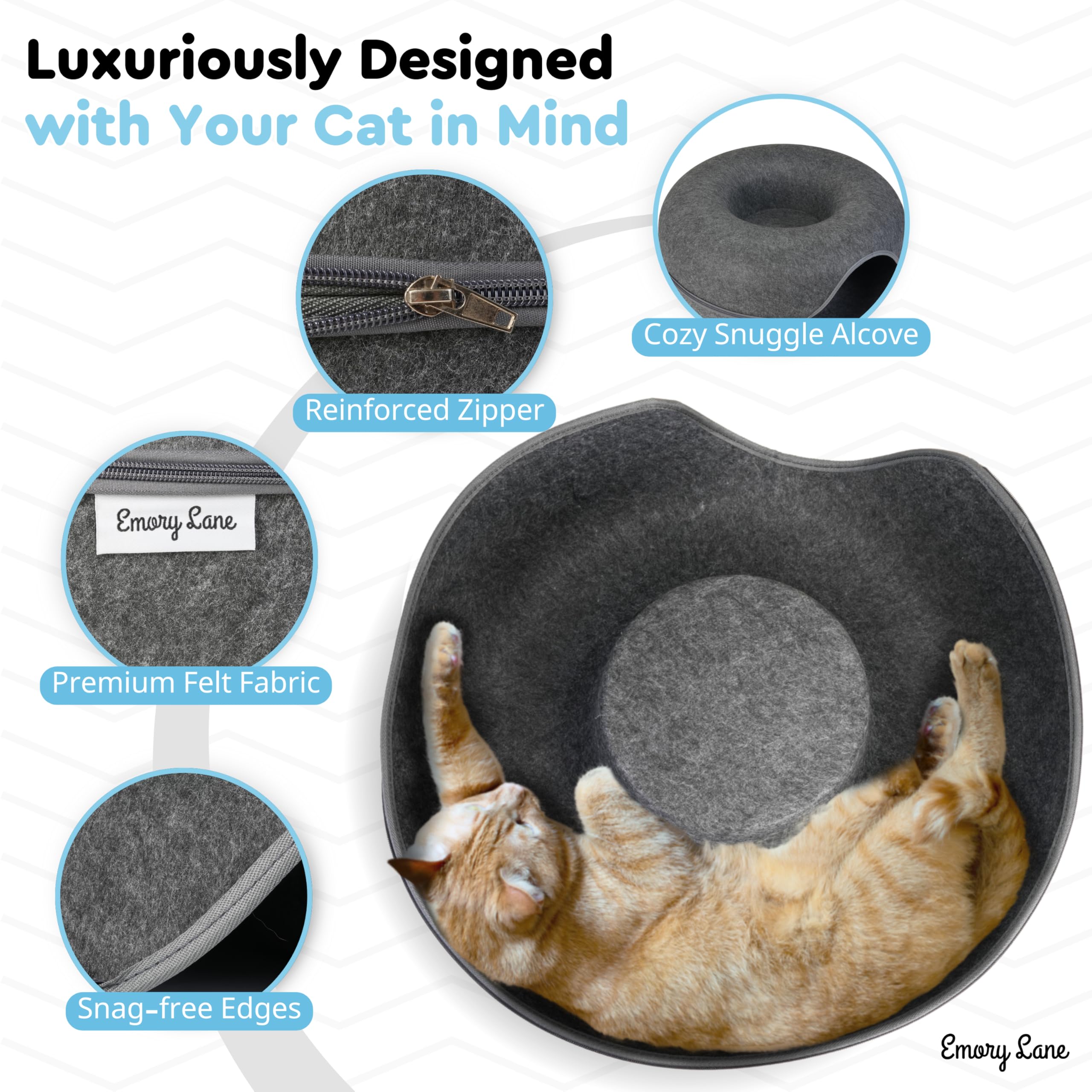 Emory Lane - Premium Cat Cave, Multifunctional Donut Tunnel Bed, Round Felt Cave With Zipper, For Pets Up To 40 Lbs (24X24X11 In