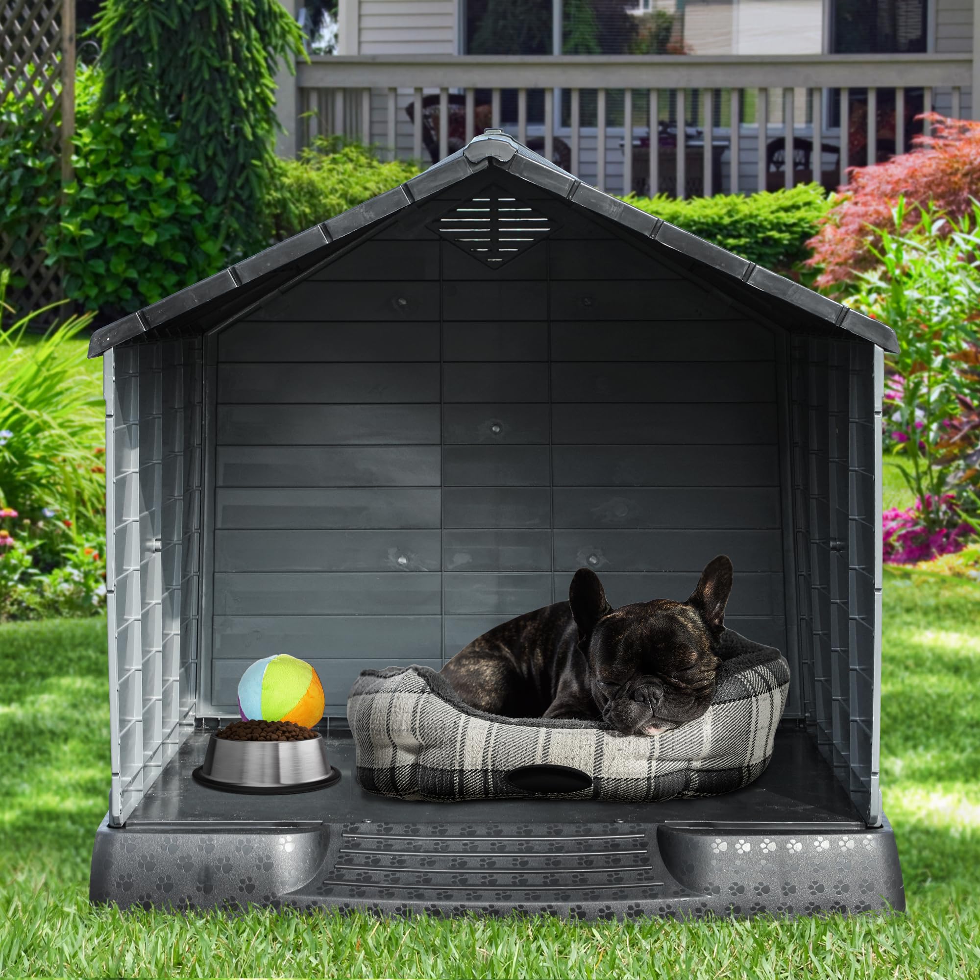 YITAHOME Plastic Dog House - 34.5'' Indoor/Outdoor Kennel, Water Resistant, Black+Gray, Easy Assembly, Elevated Floor, Model MAYIHfxW1q