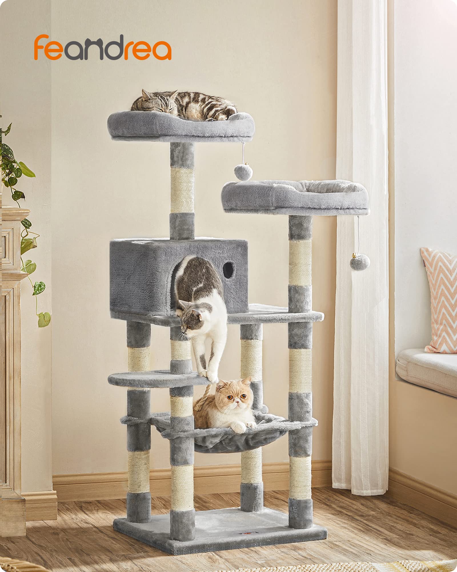 Feandrea Cat Tree, Cat Tower For Indoor Cats, 56.3-Inch Cat Condo With Scratching Posts, Hammock, Plush Perch, Light Gray Upct15