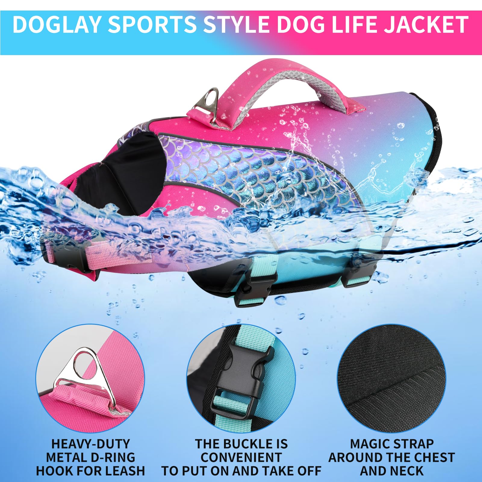 Doglay Dog Life Jacket For Boating & Swimming, High Buoyancy Reflective Dog Life Vests With Rescue Handle And D-Ring, Ripstop Ad