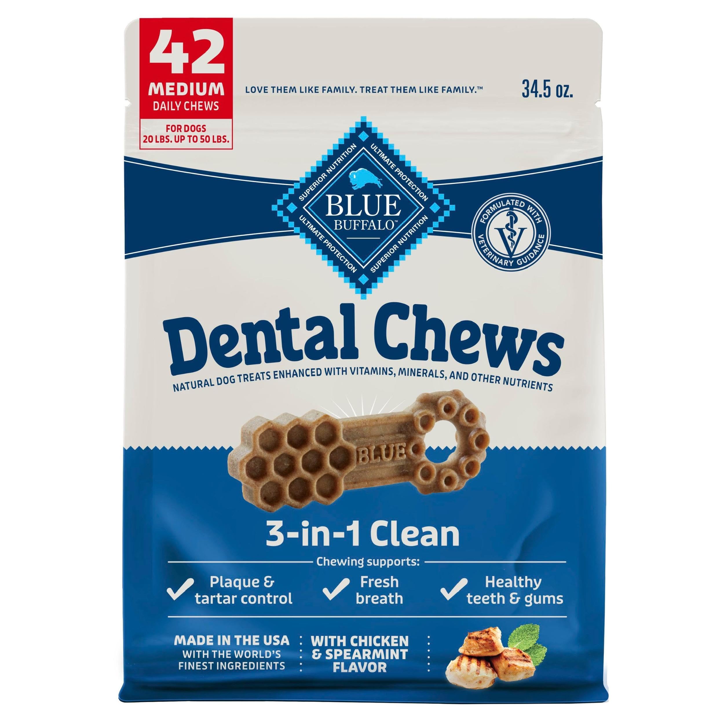 Blue Buffalo Dental Chews Medium Dog Treats, Chicken & Spearmint - 34.5 oz (42 Count)