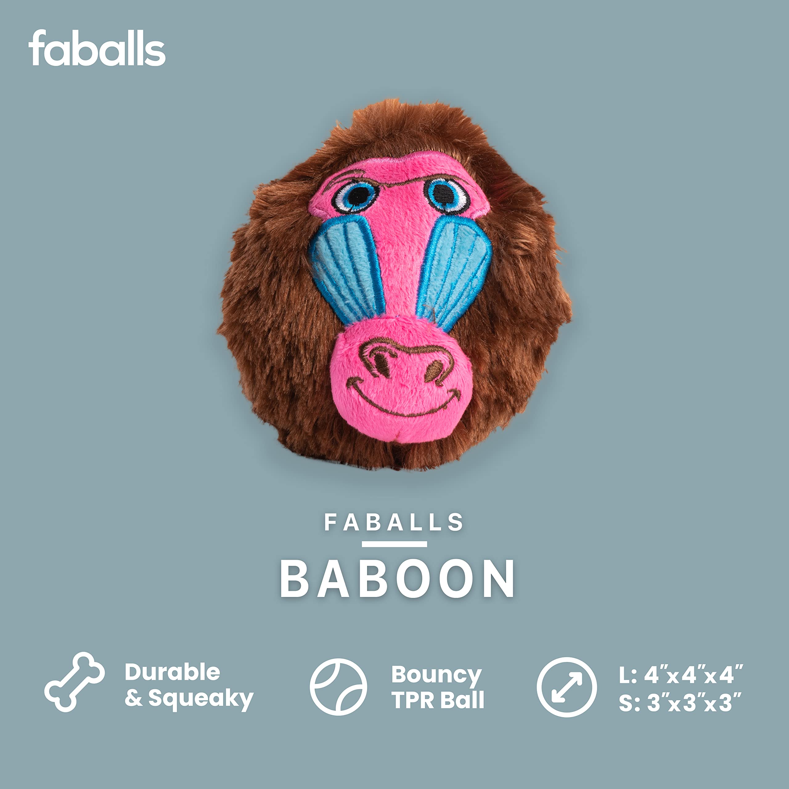 Fabdog Faballs Dog Ball Toys - Super Squeaky Durable Dog Toys For All Breeds - Plush Dog Squeak Toy Balls | Animal-Themed Plush Toys | Small Baboon