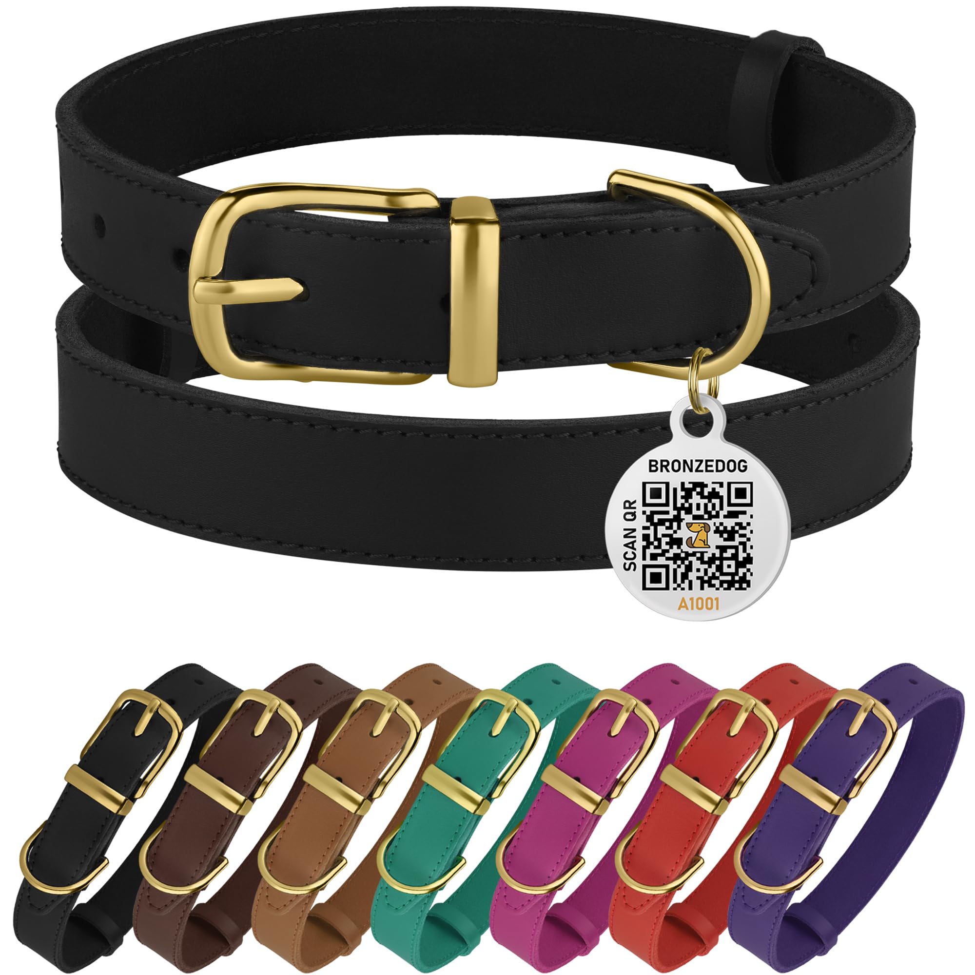 Bronzedog Leather Dog Collar With Metal Buckle Durable Basic Pet Collars For Small Medium Large Dogs (19-21 Inch (Pack Of 1), Black & Gold Buckle)