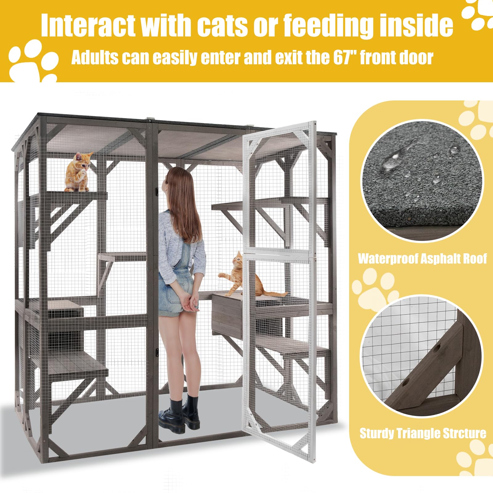 Gowoodhut Outdoor Catio Cat Enclosures - Extra Large Wooden Outdoor Cat House Enclosure Weatherproof With Multi Platforms & Loun