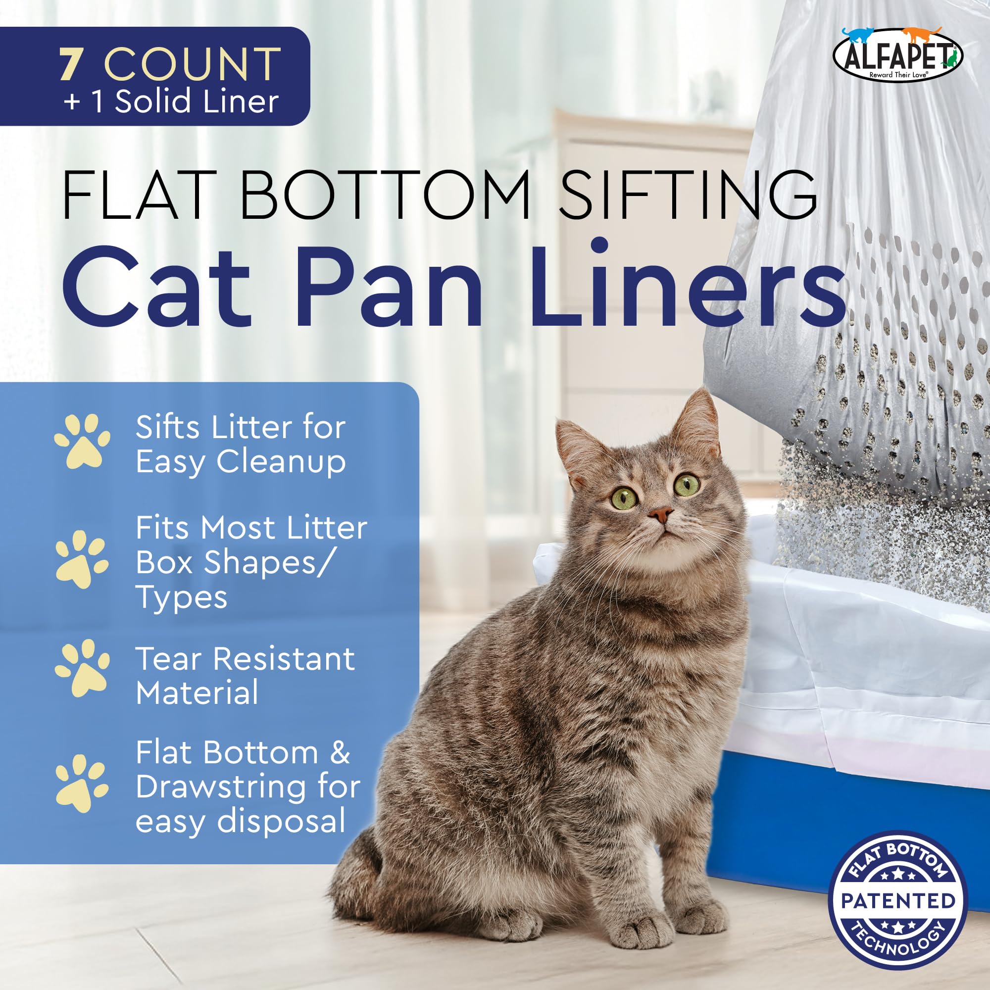 Alfapet Sifting Cat Litter Box Liners, 7-Count Disposable Tray Bags, XL Design, Green and Red, Plastic with Drawstring Handles