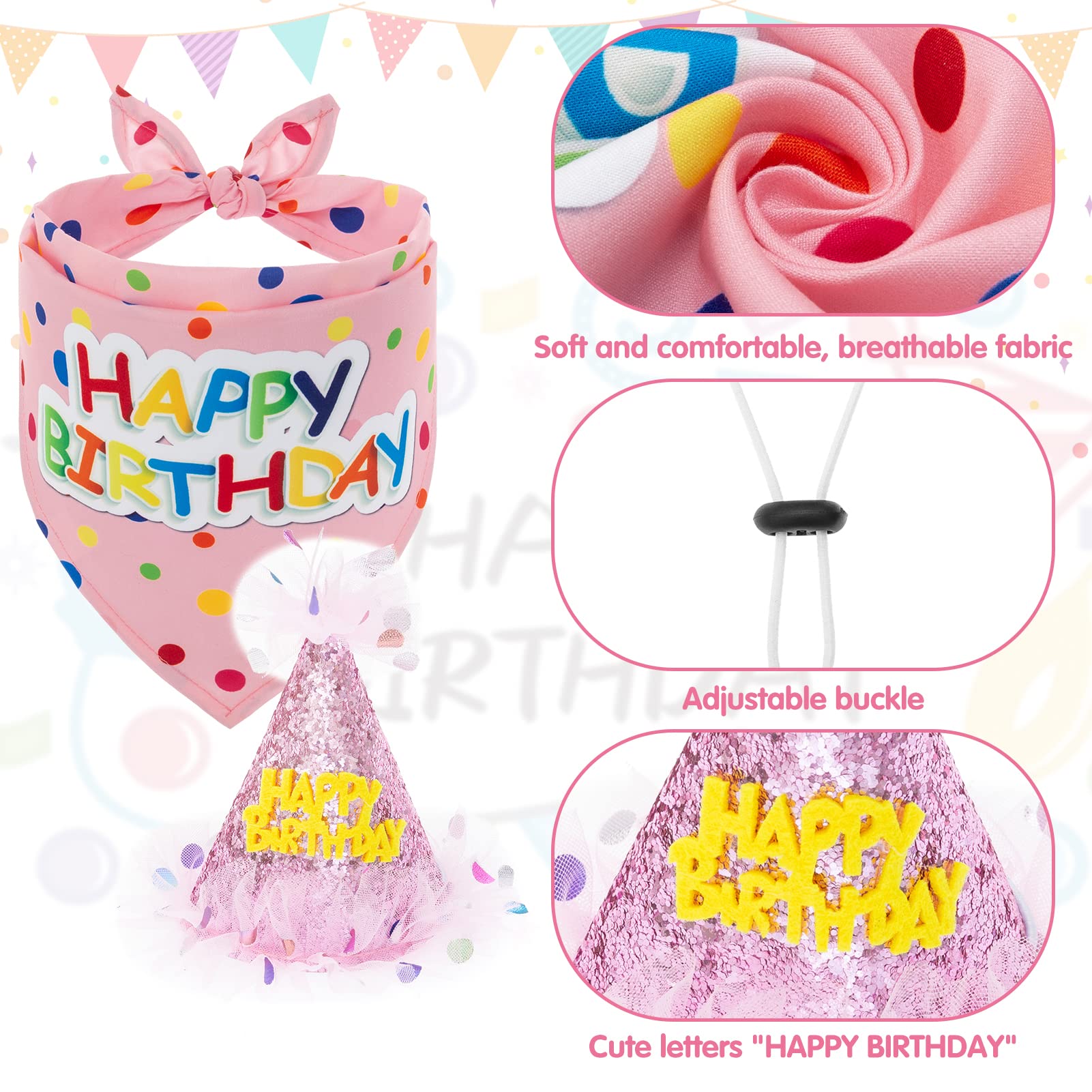 SCENEREAL Dog Birthday Bandana with Hat and Dress Girl Set, Puppy Birthday Party Supplies, Cute Pink Tutu Skirt Outfit for Small