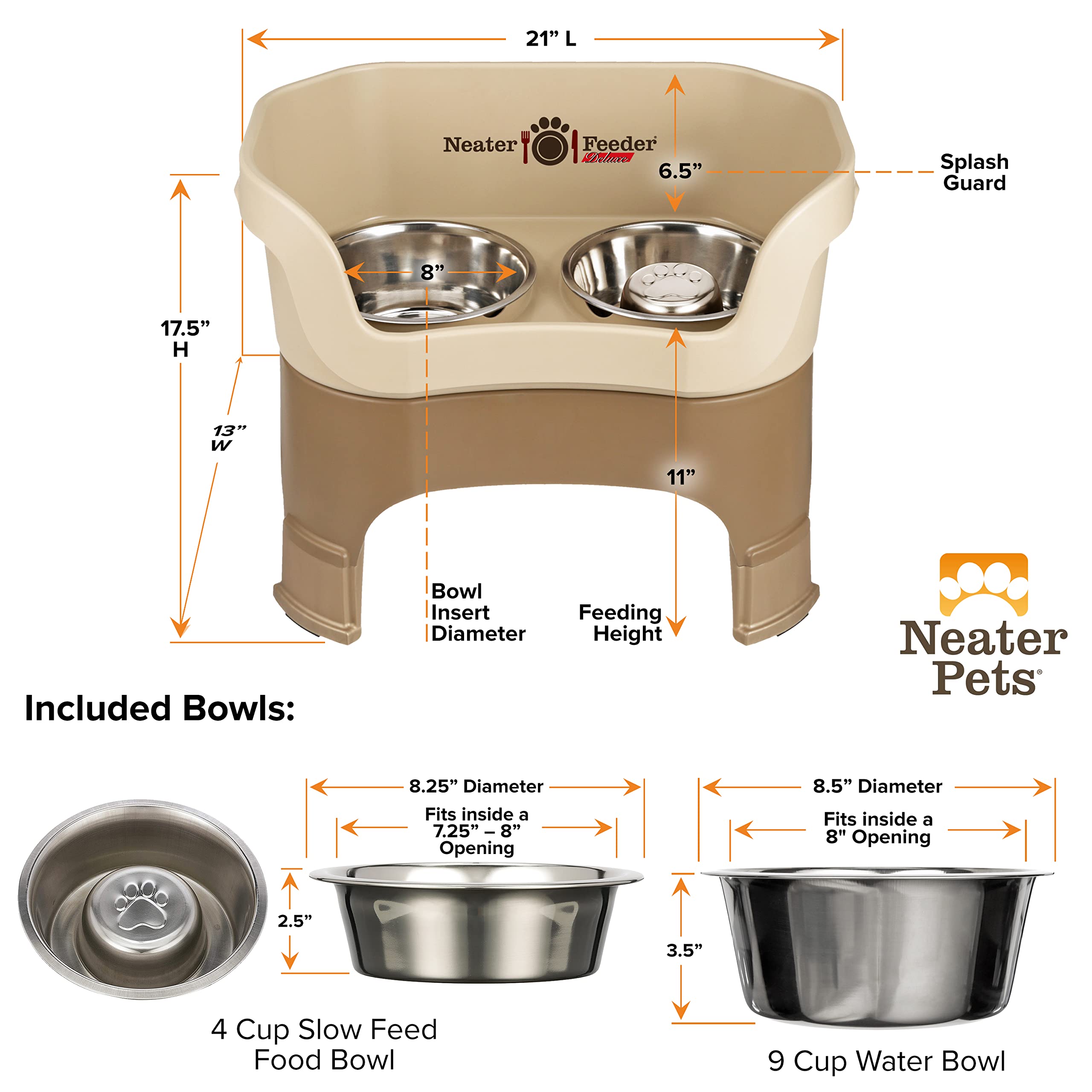 Neater Feeder Deluxe with Leg Extensions (Large + Slow Feed Bowl Combo, Gunmetal)