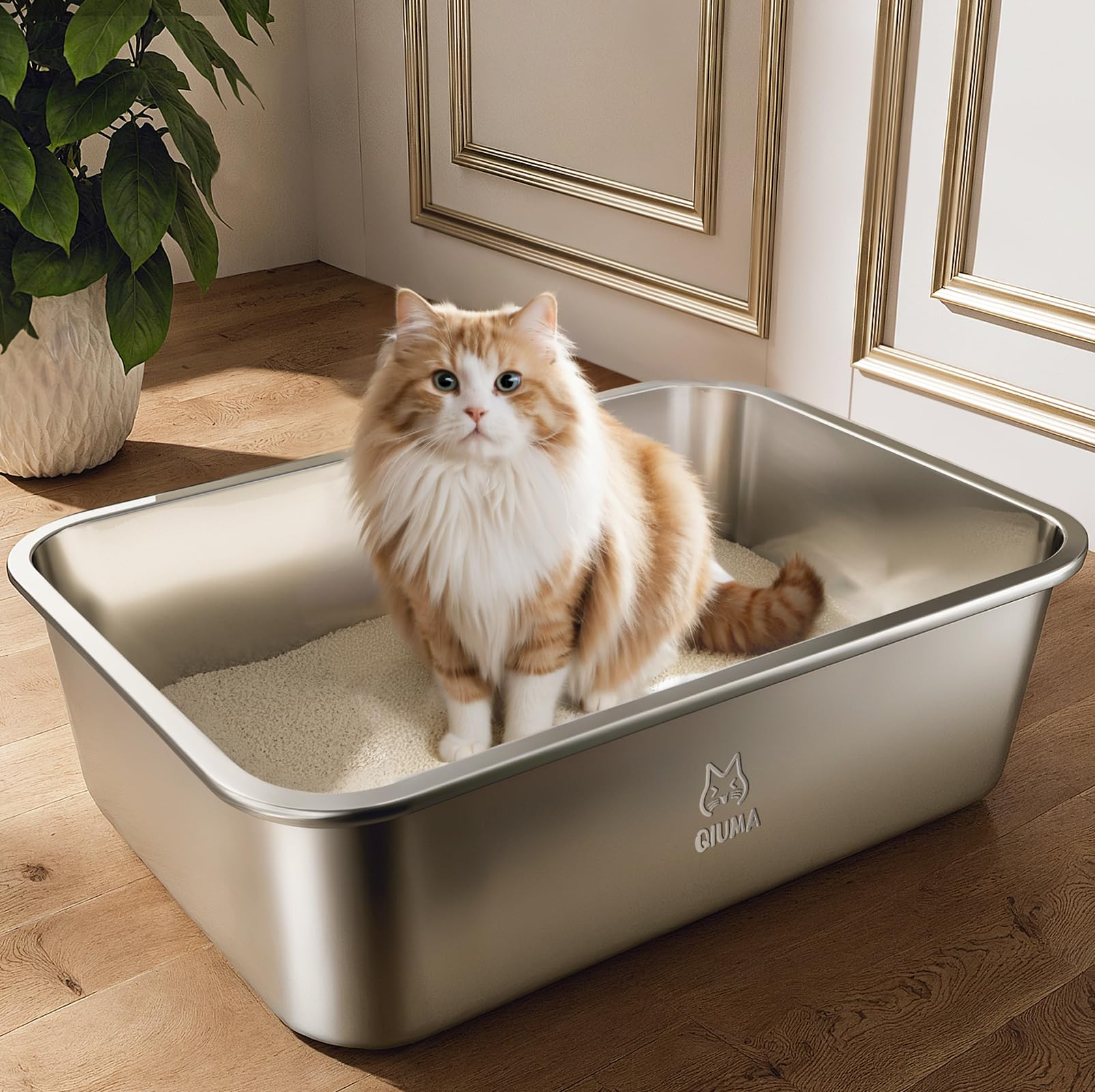 Qiuma Stainless Steel Litter Box, Metal Cat Litter Box with High Sides, Odor-Free, Non-Stick, Easy to Clean, 17.6  13.6  6, Idea