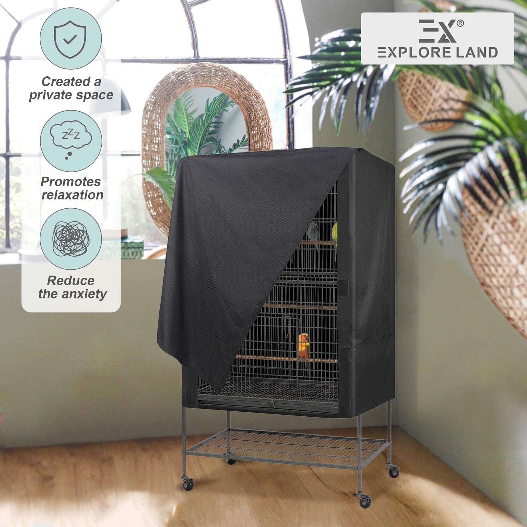 Explore Land Bird Universal Pet Cage Cover For Night For Cats, Mink, Totoro, Parakeet, Parrot And Small Animals (Black, L)