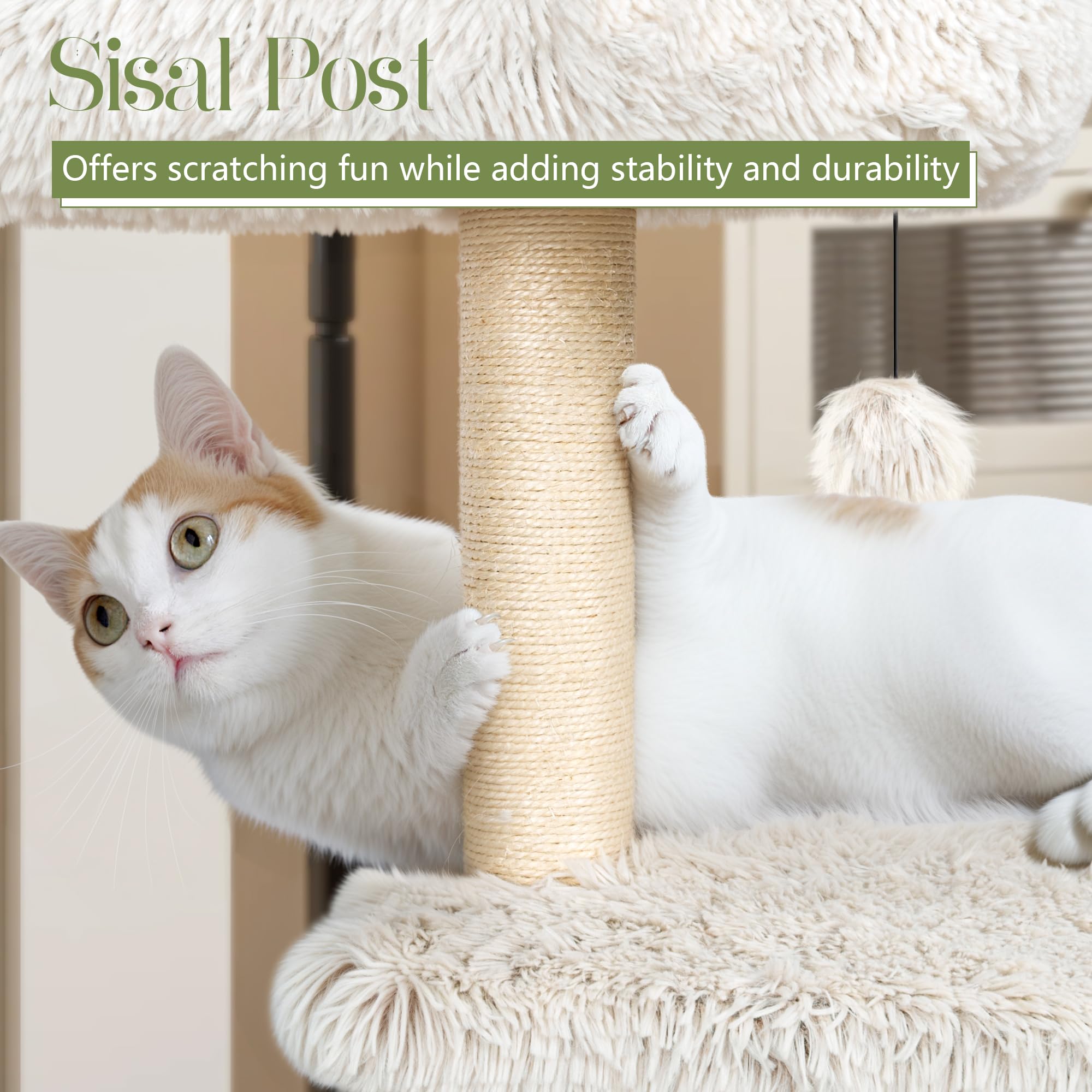 KAMABOKO Modern Cat Tree - 41" Tall Wooden Cat Tower with Condo, Hammock & Perch - White