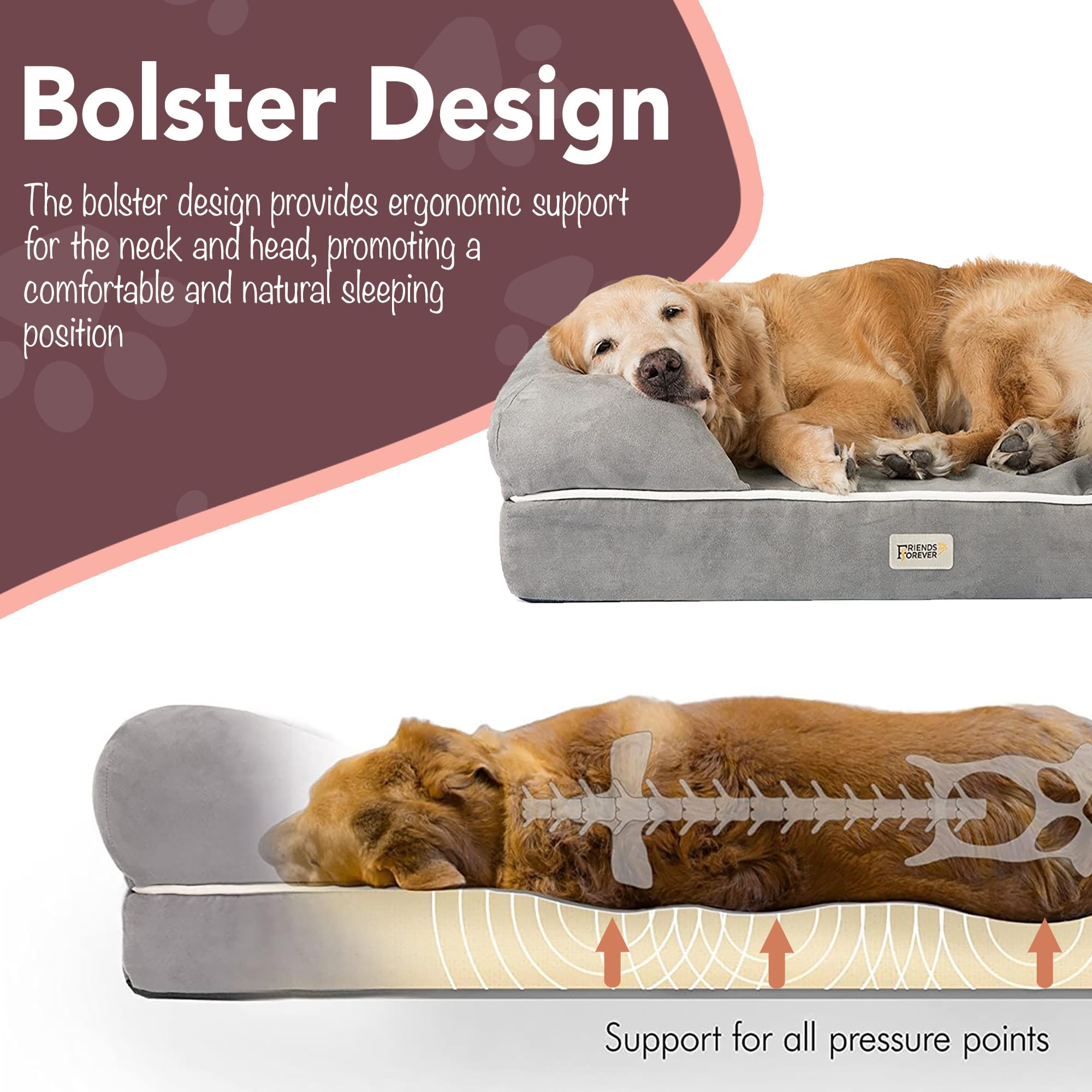 Friends Forever X-Large Dog Bed, Orthopedic Dog Sofa Memory Foam Mattress, Calming Dog Couch Bed, Wall Rim Pillow, Water Resista