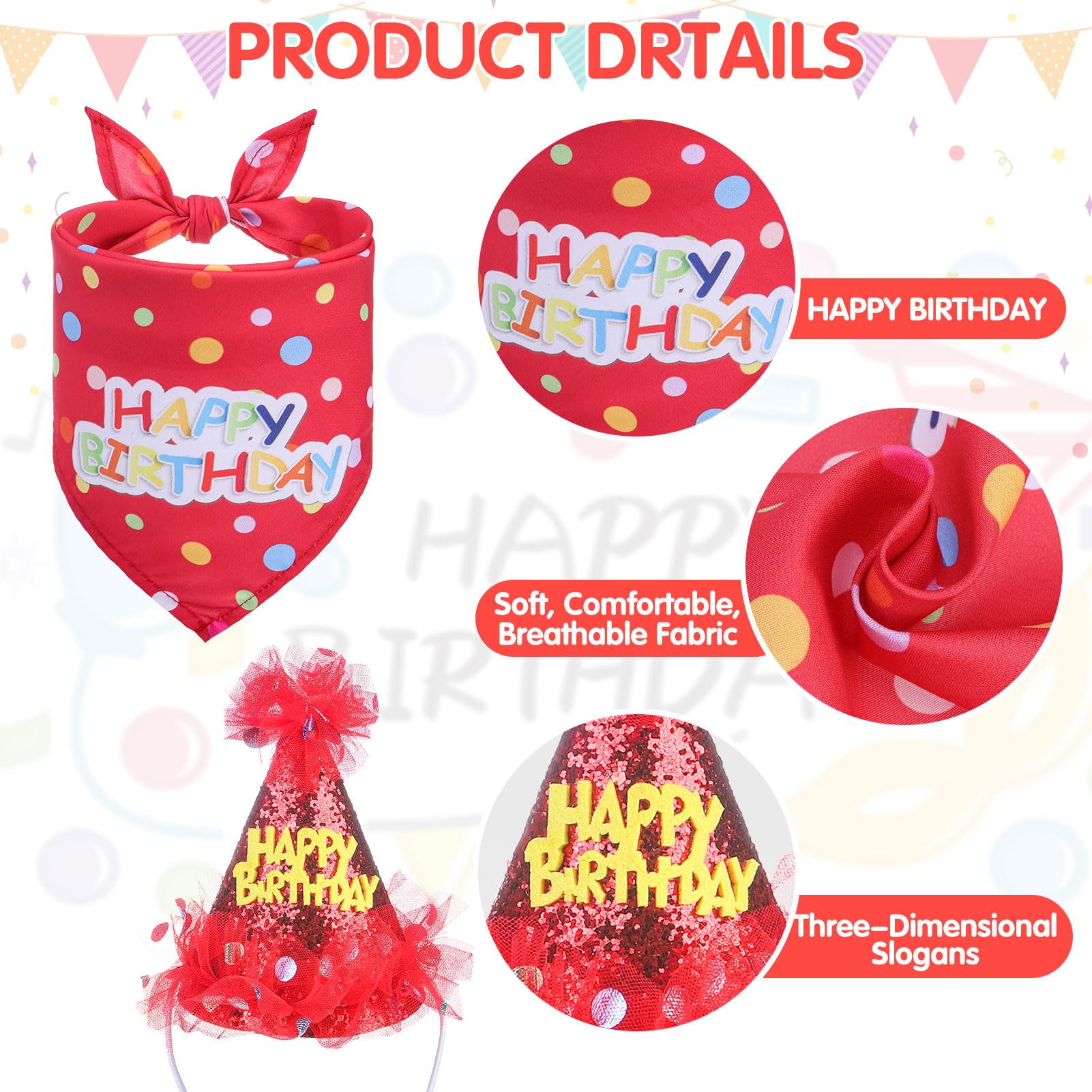 SCENEREAL Dog Birthday Bandana Set with Hat & Tutu Skirt, Red, Small Dogs, Polyester