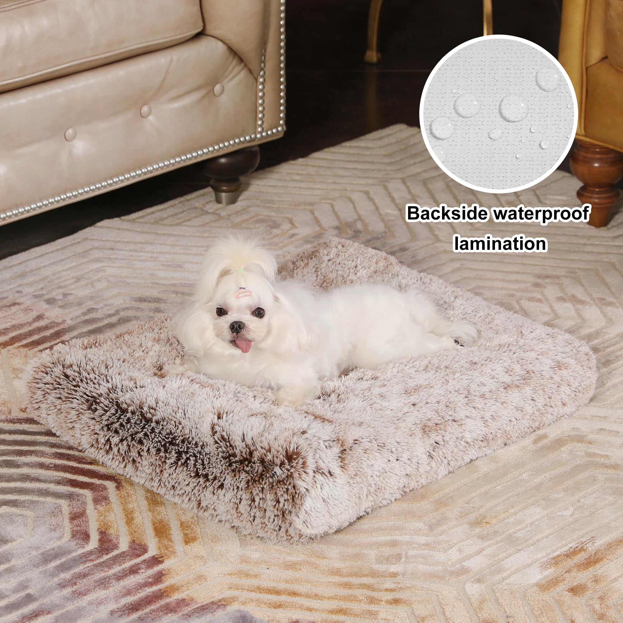 Bedfolks Waterproof Crate Bed, Plush Dog & Cat Bed With Removable Washable Cover, Faux Fur Kennel Pad, 21''X13'', Brown