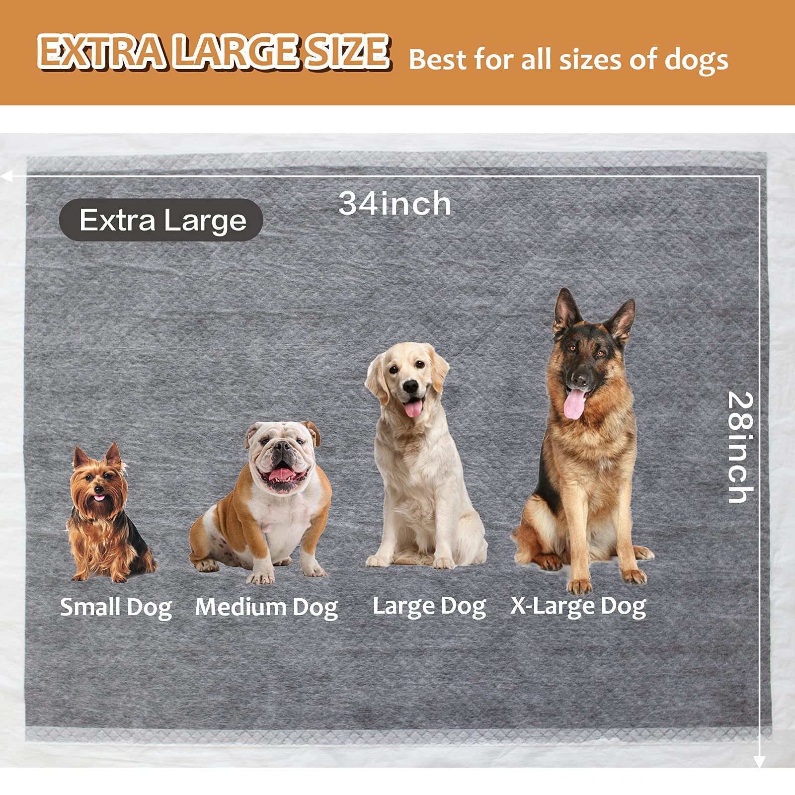 HIDOGGYLD Extra Large Charcoal Dog Pee Pads 28" x 34", 40 Count, Super Absorbent & Leak-Proof, Model C2834