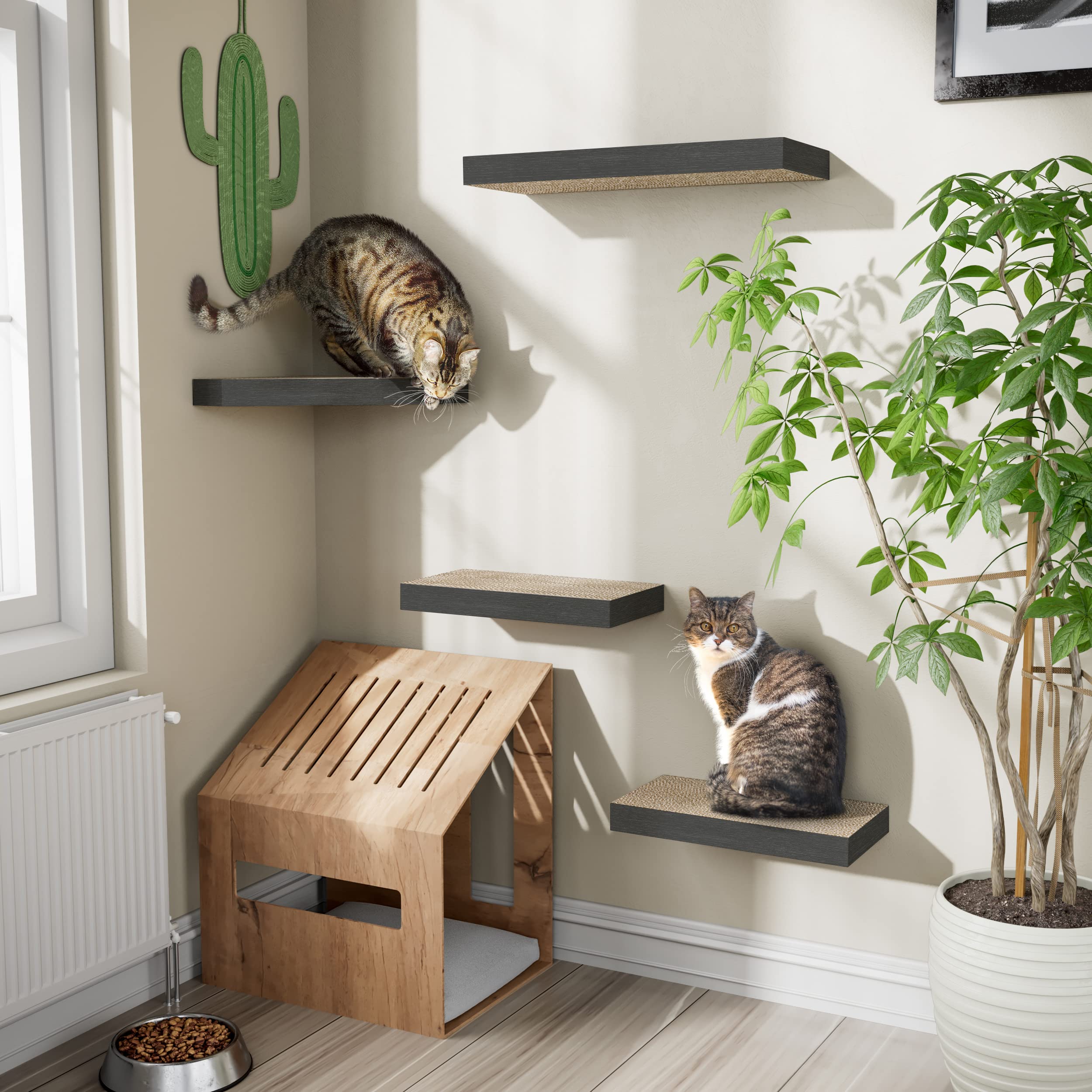 Way Basics Premium Cat Scratcher Floating Wall Shelf (4 Pack) (Charcoal Black)