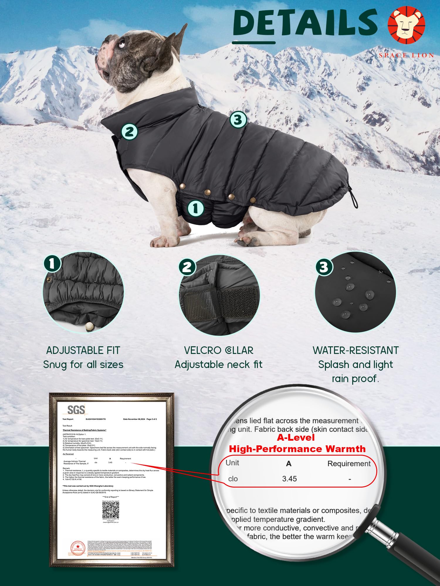SPACE LION Dog Puffer Jacket for Small & Medium Dogs, Lightweight Duck Down Coat, Black, Size 12