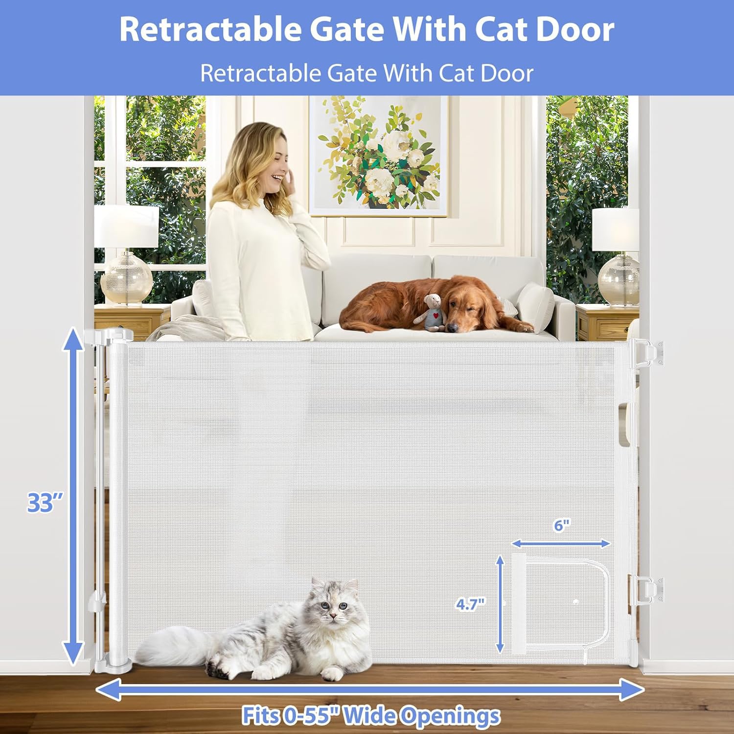 Retractable Baby Gate with Cat Door 55 Wide Retractable Baby Gate for Stairs Mesh Baby Gate with Pet Door Retractable Dog Gate f