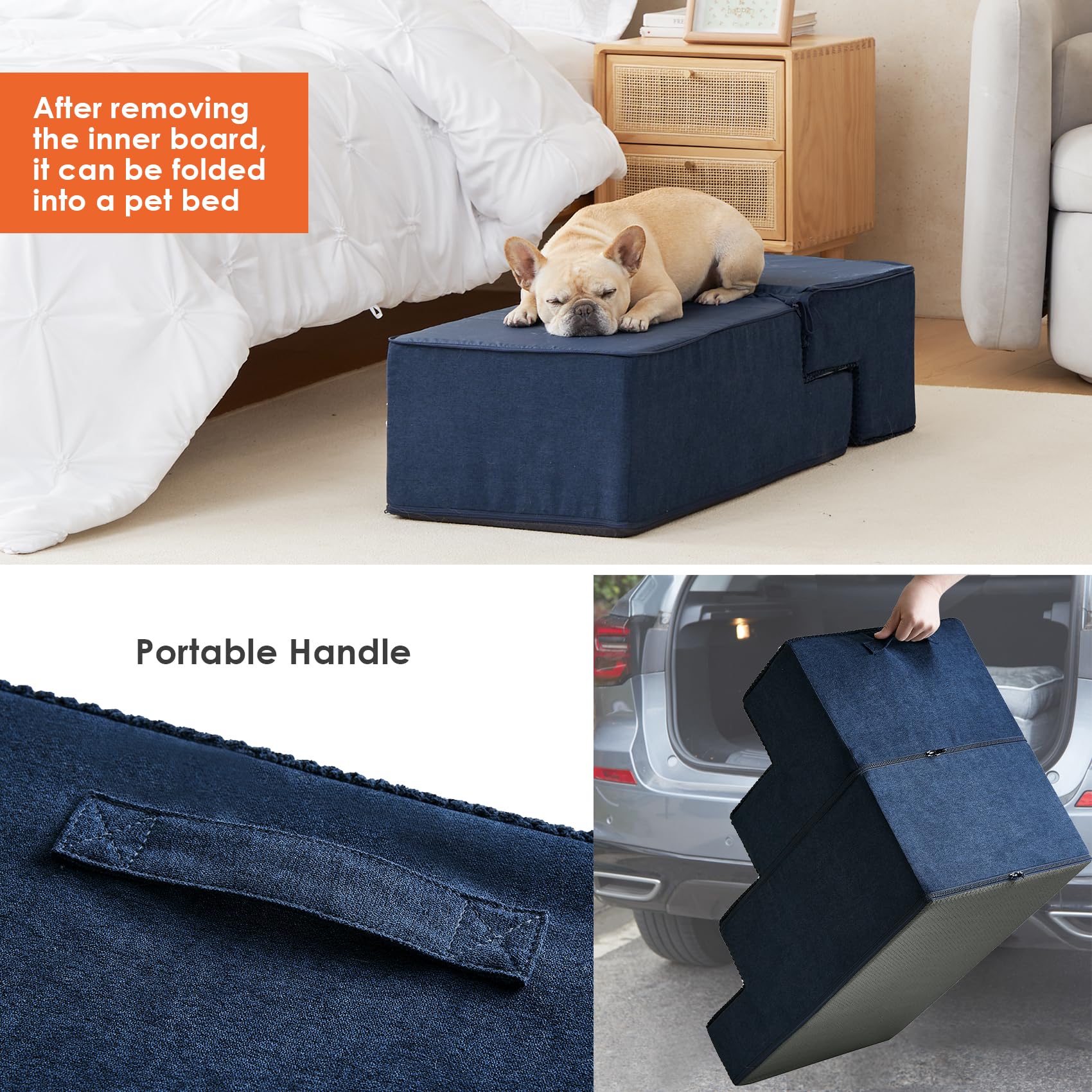 Eheyciga Dog Stairs For Bed 20”H, 4-Step Extra Wide Extra Wide Dog Steps For High Bed, Pet Steps For Small Dogs And Cats, Non-Slip Balanced Dog Indoor Ramp, Navy Blue