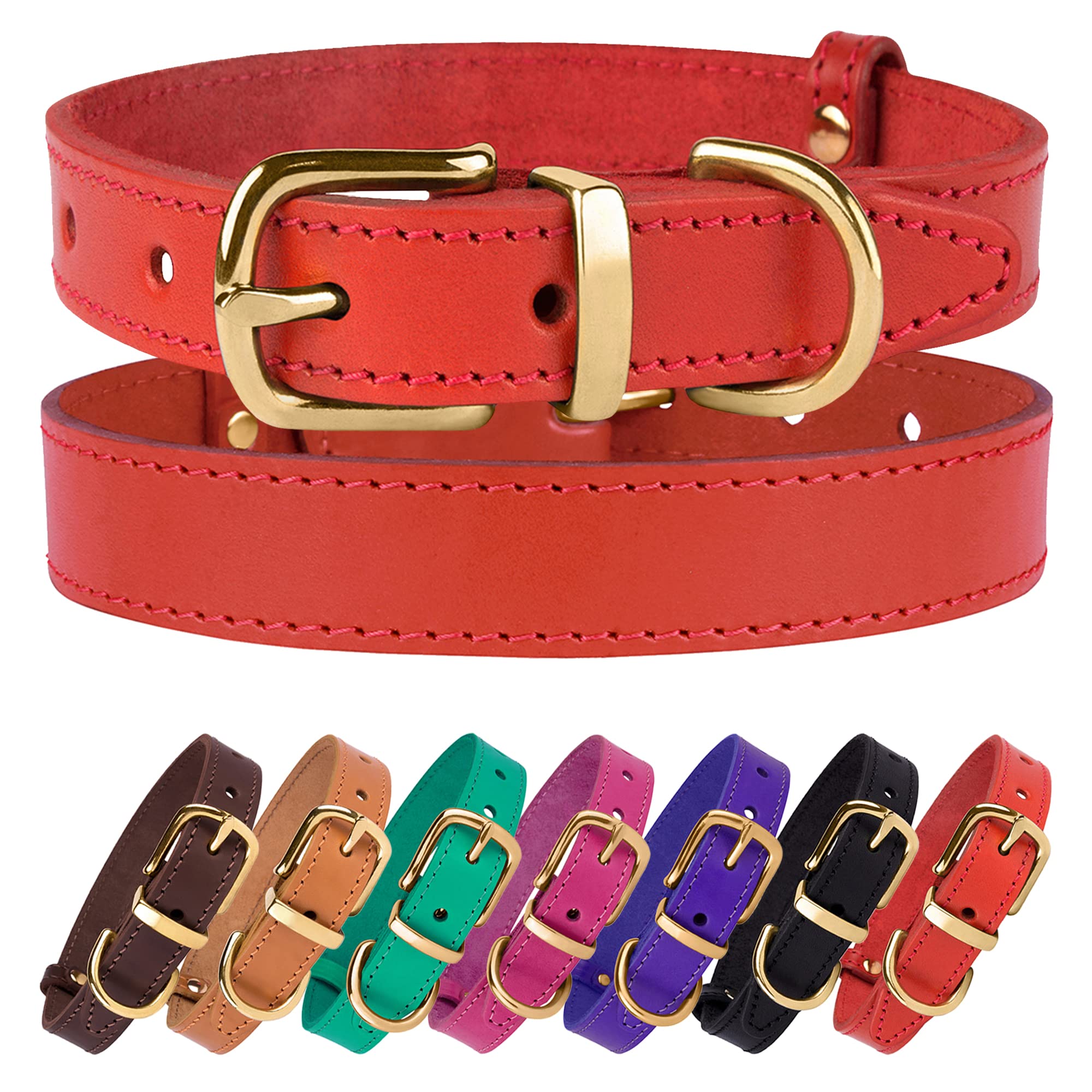 Bronzedog Leather Dog Collar With Metal Buckle Durable Basic Pet Collars For Small Medium Large Dogs (14-17 Inch (Pack Of 1), Red & Gold Buckle)