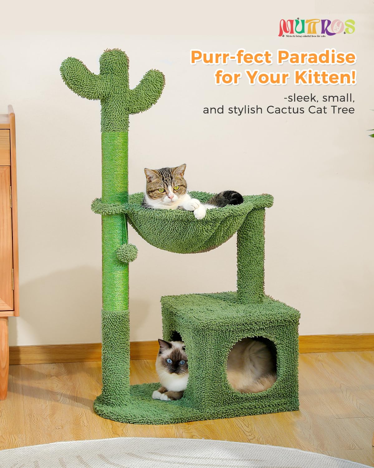 Muttros Cactus Cat Tree 40' Cat Tower With Large Metal Carpet Hammock, Cat Scratching Post For Indoor Cats With Condo& Dangling Ball, Green