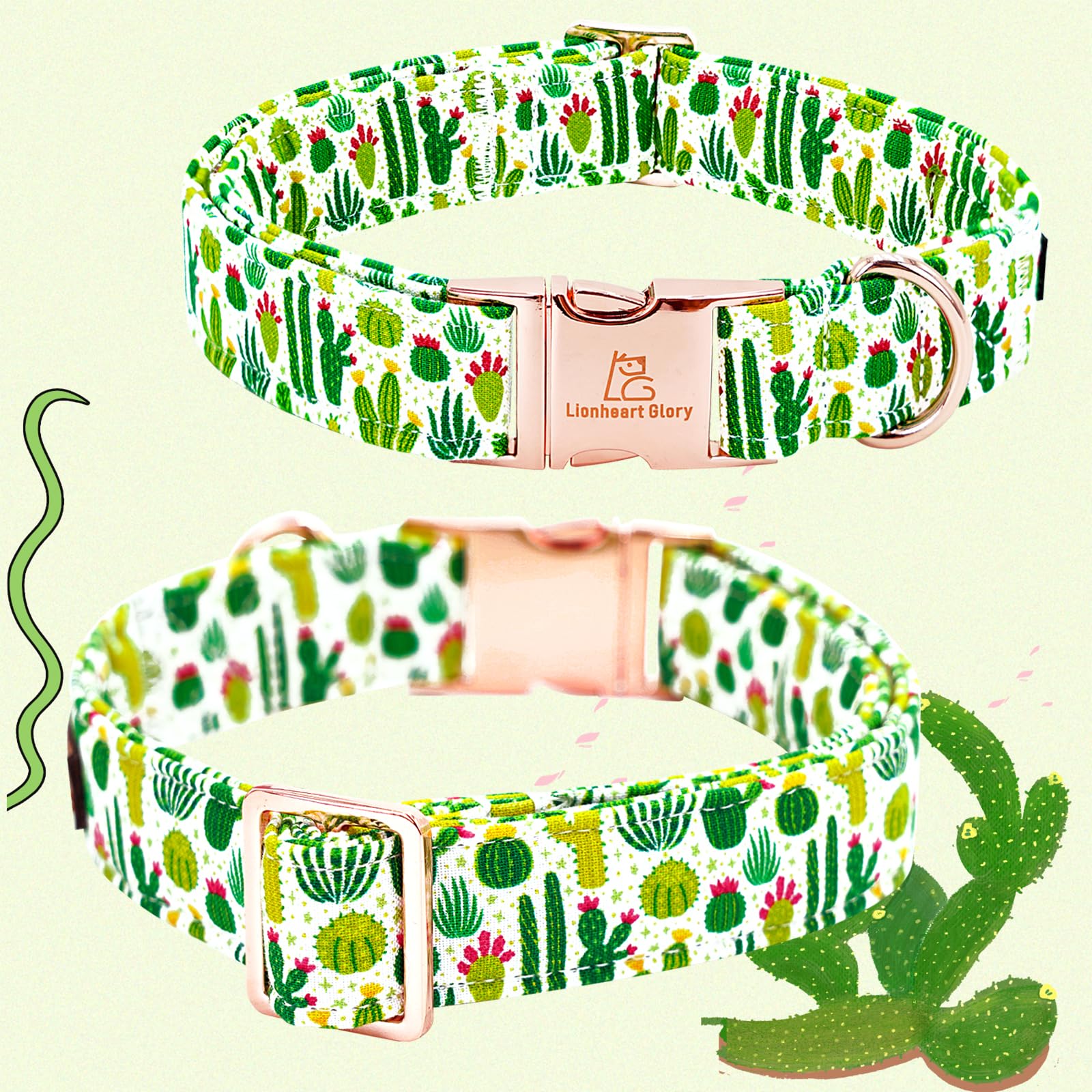 Lionheart Glory Dog Bow Collar Green Cactus Print Collars For Small Dogs,Spring Summer Cute Dog Collar With Bowtie Pet Collars B