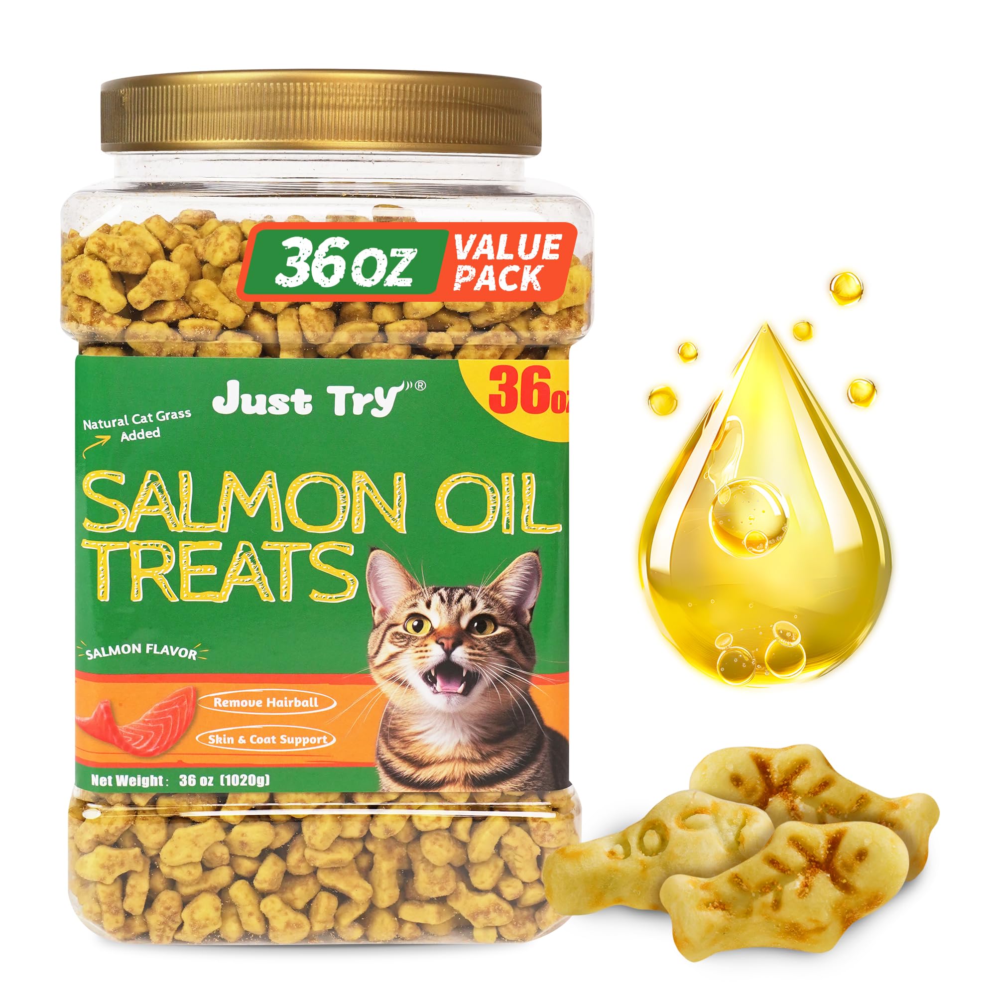 Just Try 36 OZ Cat Grass Treats Salmon Oil Natural Salmon Kitten Healthy Cat Treats Training Biscuits Snacks Fish Oil Omega 3 Su