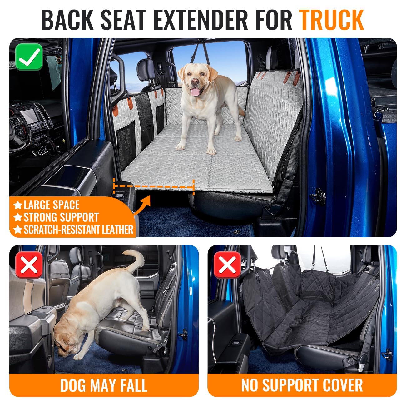 MAXFUT Dog Back Seat Extender & Hammock for Truck, Faux Leather, Gray, Model MAXFUT-01, Fits F150/RAM1500/Silverado