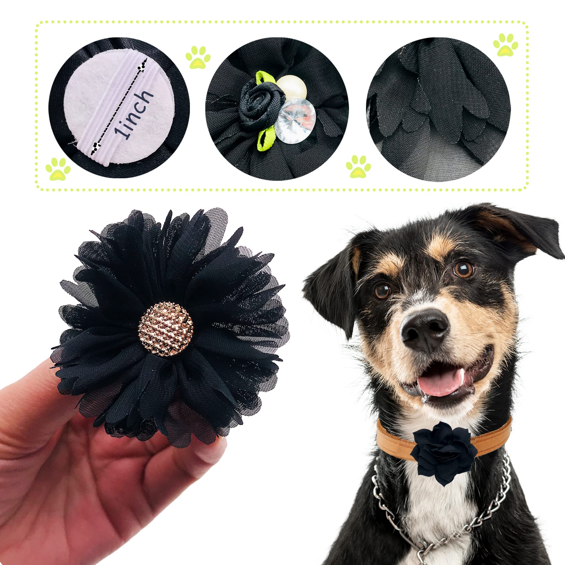 PET SHOW 12pcs Black Dog Collar Bows and Flowers Attachment for Girls Boys Puppies Cats Small Medium Dogs Collars Embellishment