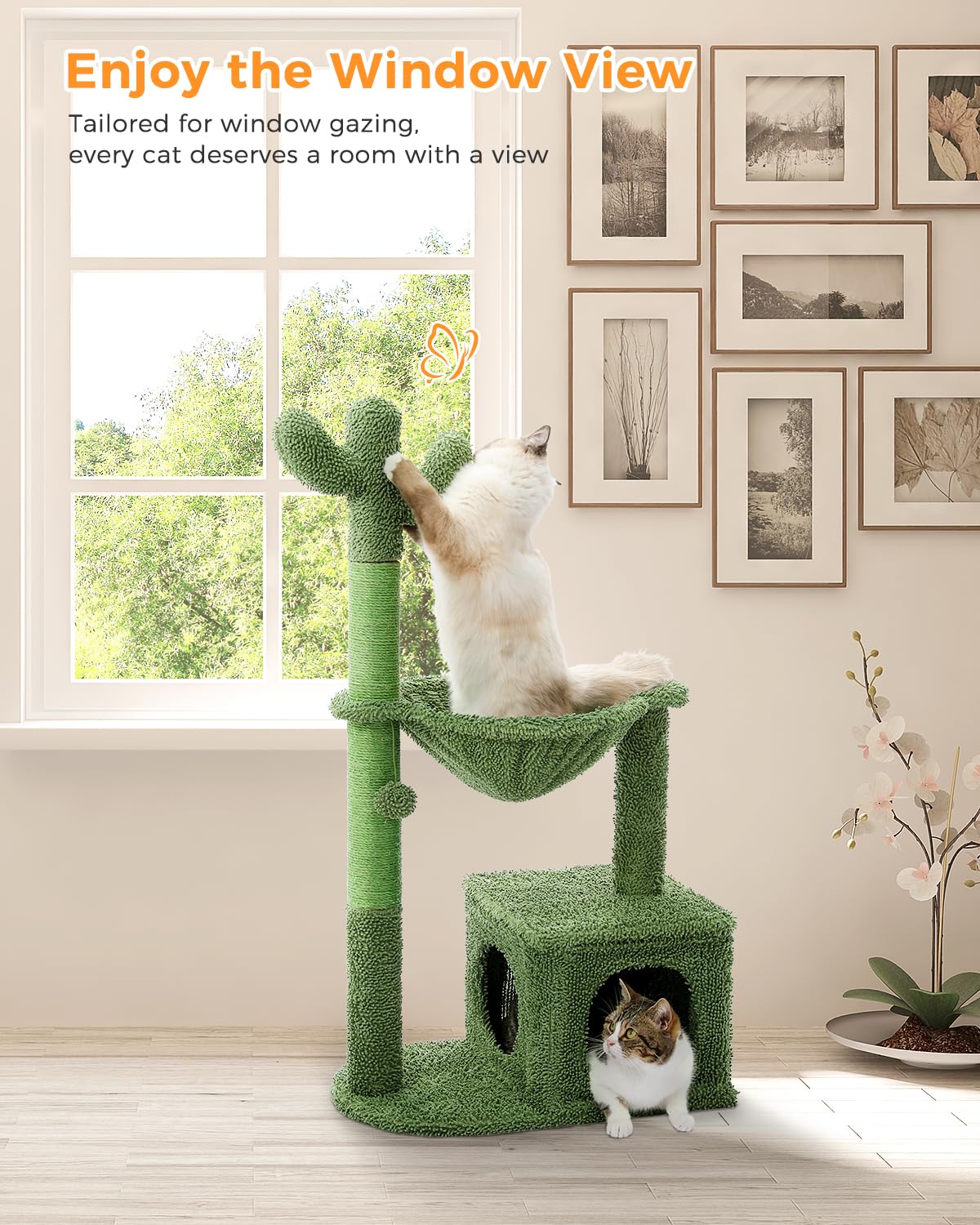 Muttros Cactus Cat Tree 40' Cat Tower With Large Metal Carpet Hammock, Cat Scratching Post For Indoor Cats With Condo& Dangling Ball, Green