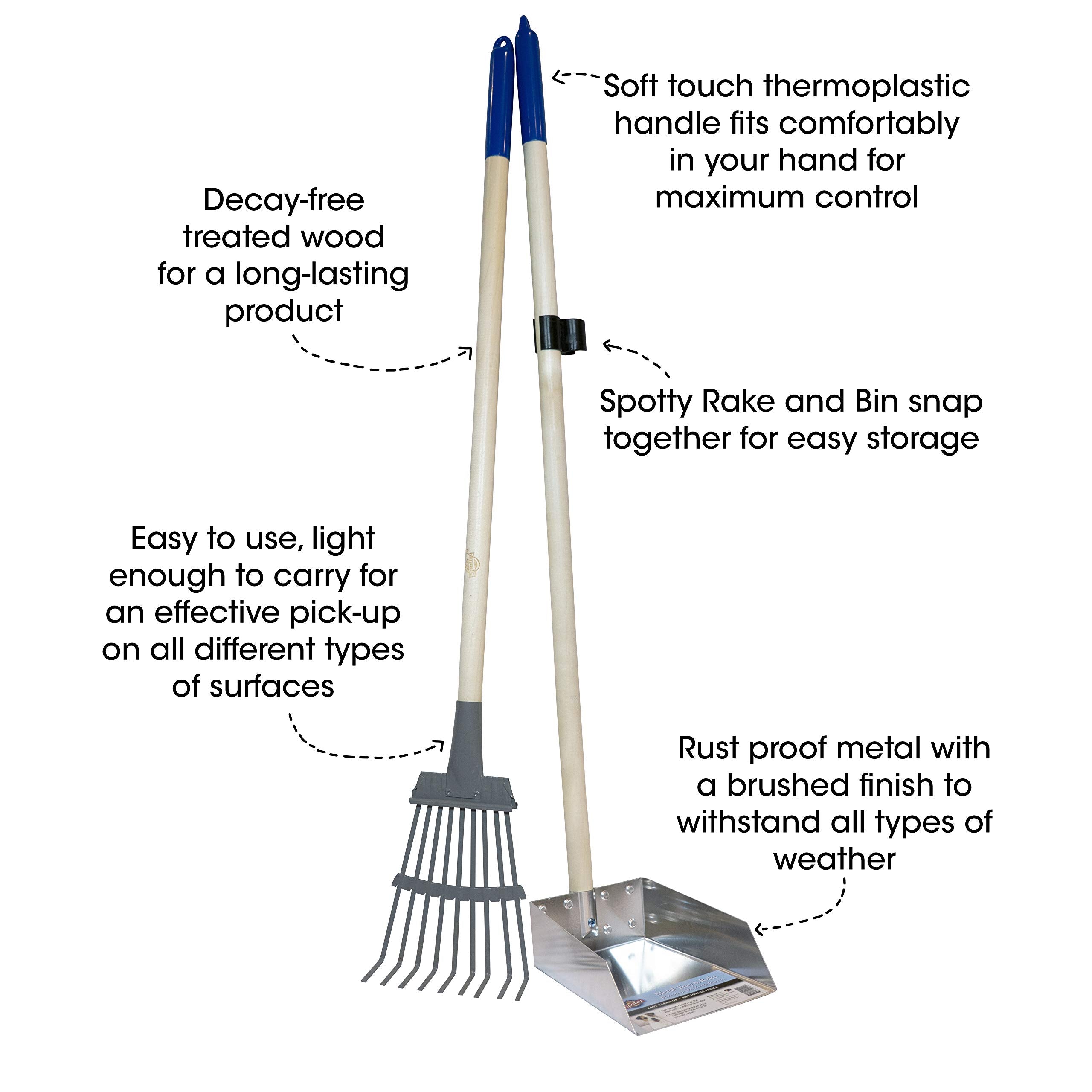 Spotty Pooper Scooper - Durable Metal Tray & Rake, 36.75" Long Handle, Wood Color, No Assembly, Ideal for Large & Small Dogs