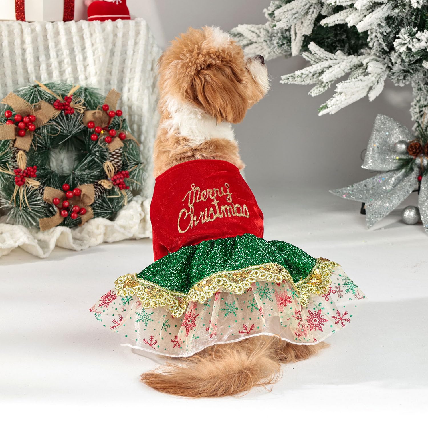 Muyaopet Merry Christmas Dog Dress Costume,Sparkly Pet Holiday Tulle Dress,Pet Winter Clothes For Small Dogs Girl,Cat Apparel(Me