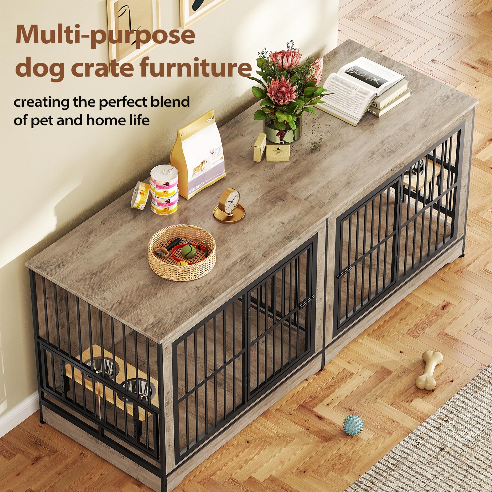 Rovibek Wooden Dog Crate Furniture for 2 Large Dogs, 78"L x 27"W x 33"H, Grey, Includes Dog Bowl, Model: Grey Dog Crate 78
