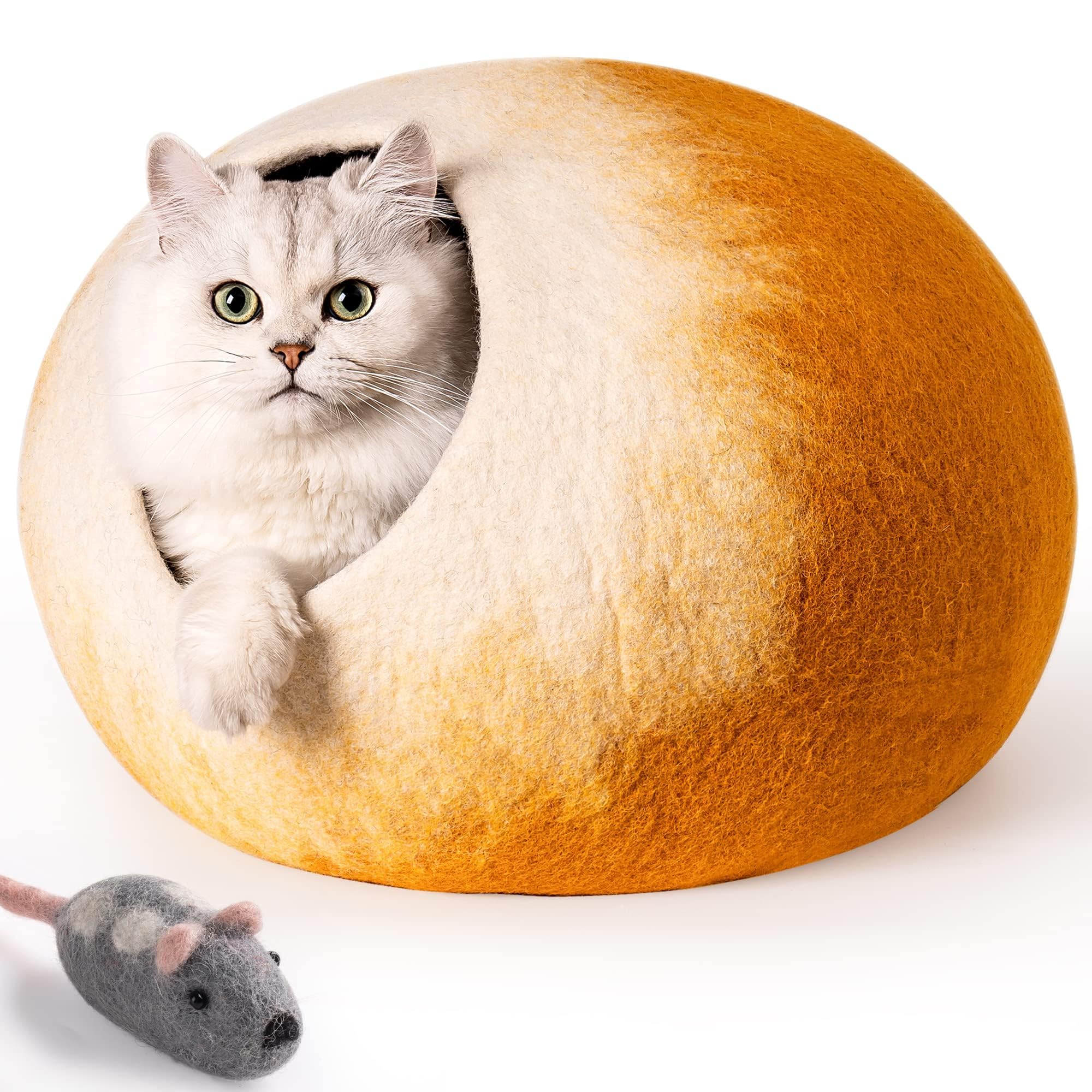 Cat Cave Bed -Handmade Wool Cat Bed Cave, Cat Bed Cat House, Felt Cat Caves For Indoor Cats And Kittens(Yellow/White)