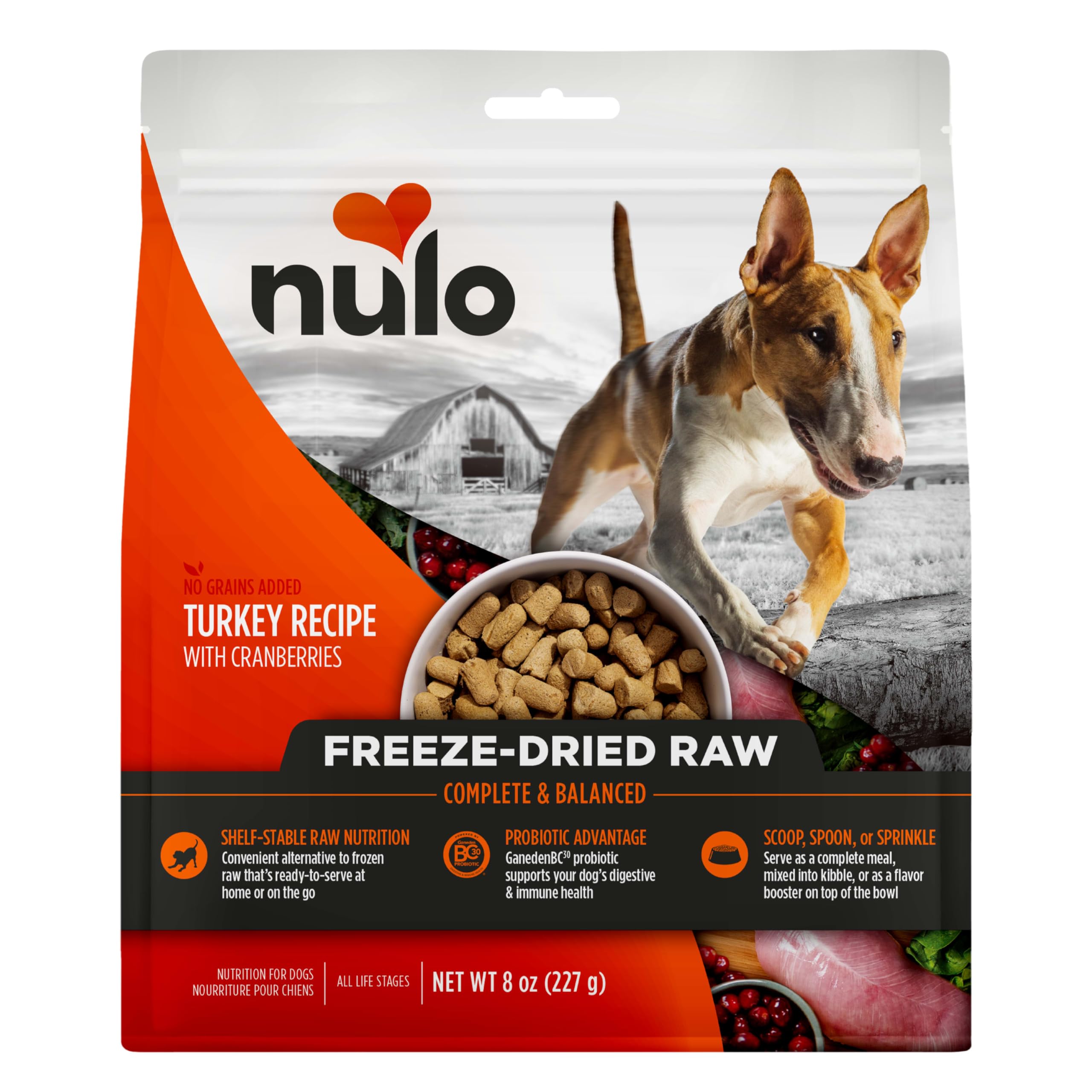 Nulo Freeze-Dried Raw Turkey Recipe with Cranberries Complete and Balanced Dry Dog Food Kibble, 8 Ounce Bag