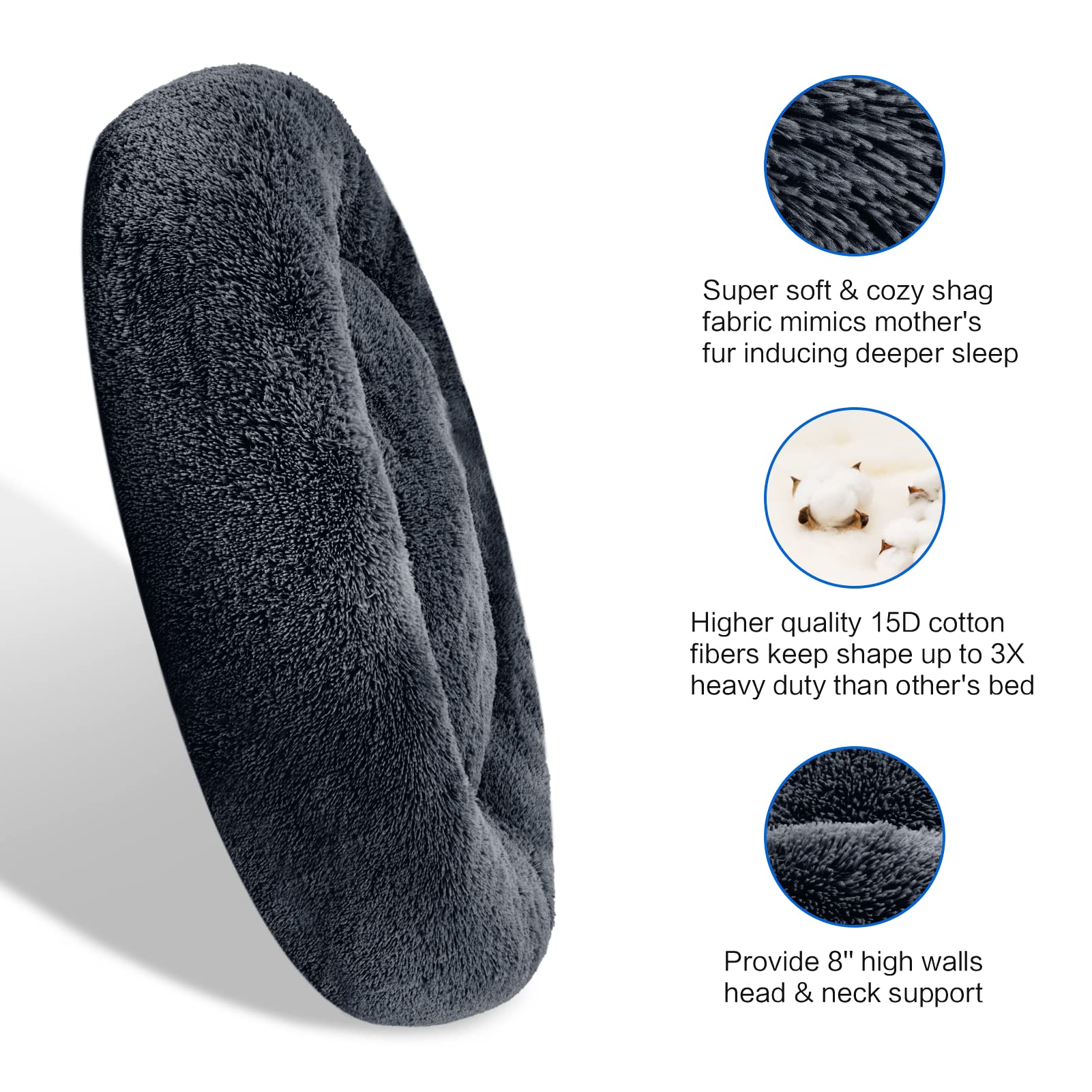 SAVFOX Plush Donut Dog Bed, X-Large 45"x45", Dark Grey Faux Fur, Washable Cuddler Bed for Small to Large Dogs and Cats