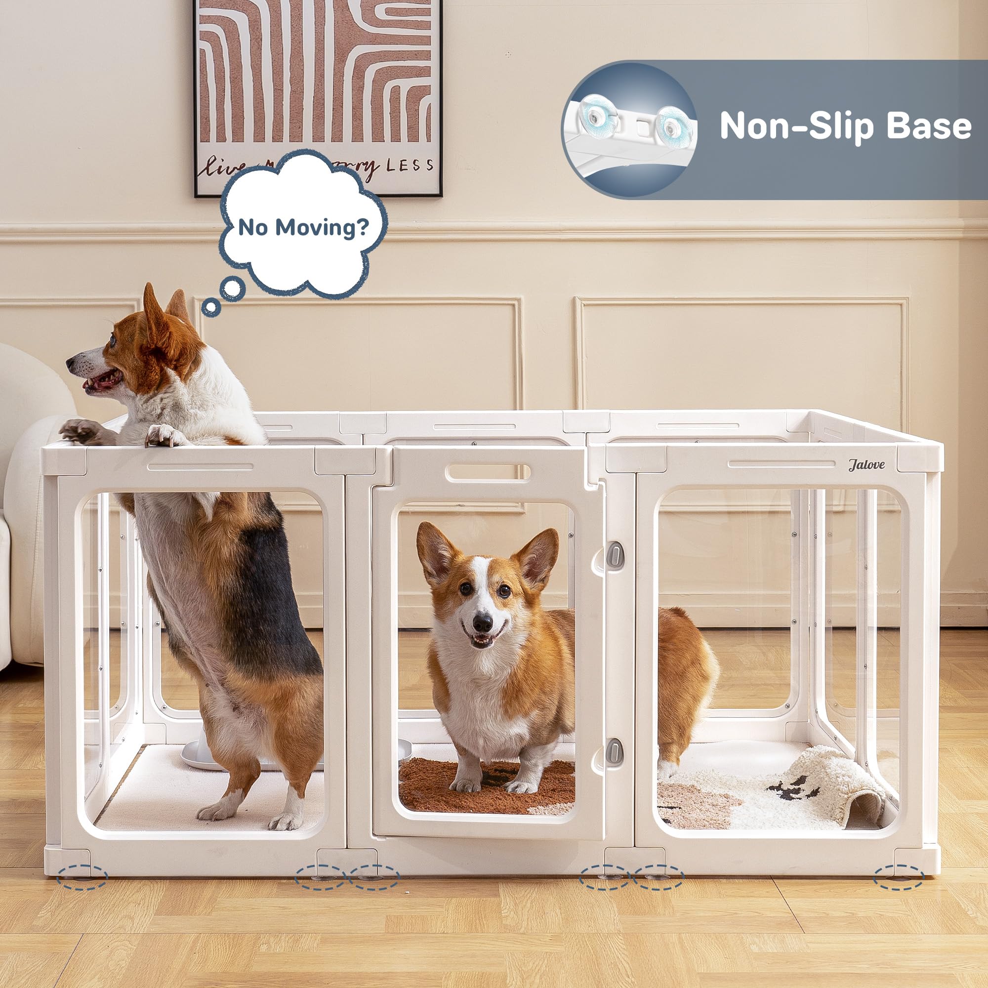 Jalove Acrylic Dog Playpen, 24" H Indoor Pet Playpen, Clear Plastic, Easy Assembly, 50" x 33.5", White, Model JT-001-W10,