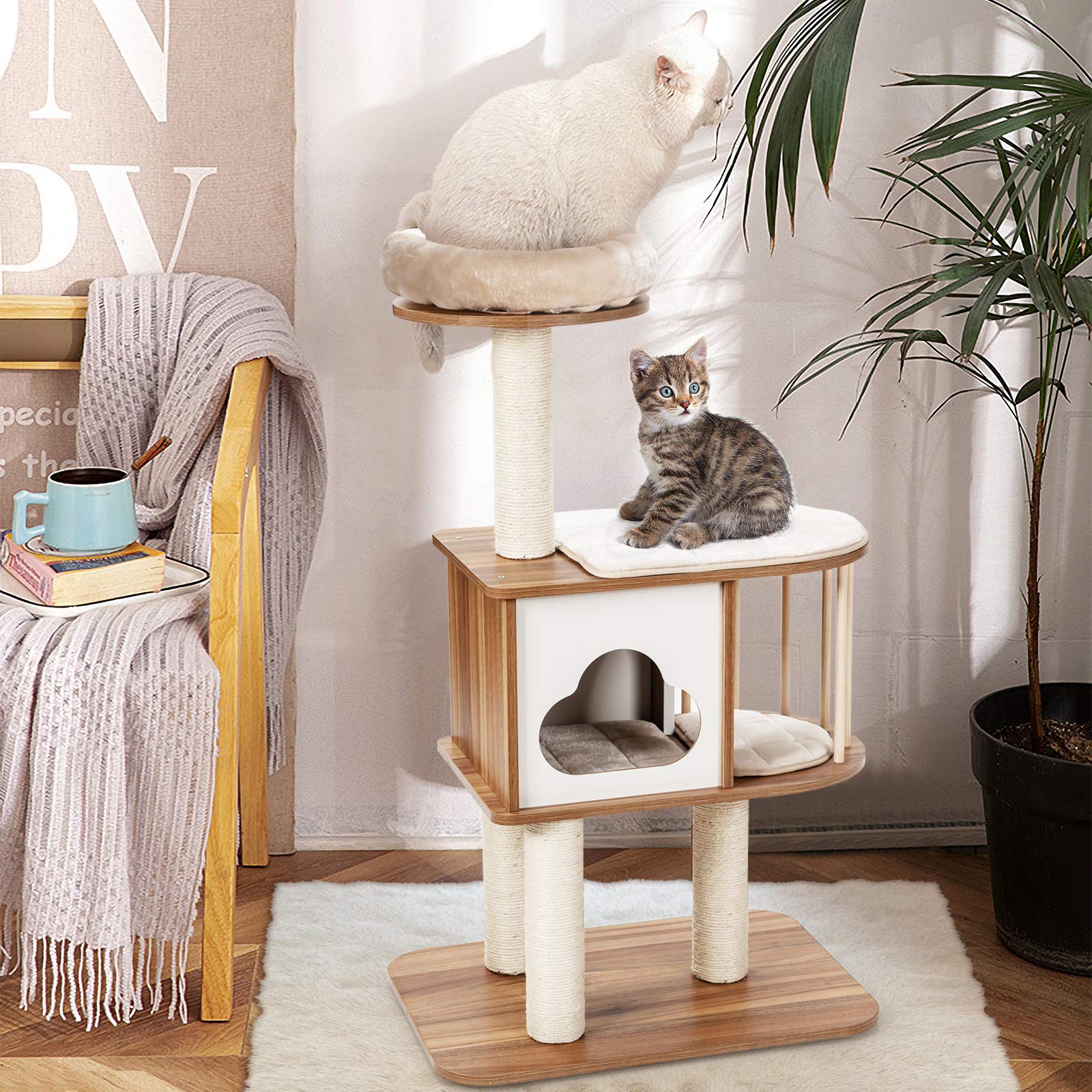 Tangkula Modern Wood Cat Tree, 46 Inches Cat Tower With Platform, Cat Activity Center With Scratching Posts And Washable Cushions, Wooden Cat Condo Furniture For Kittens And Cats (Natural)