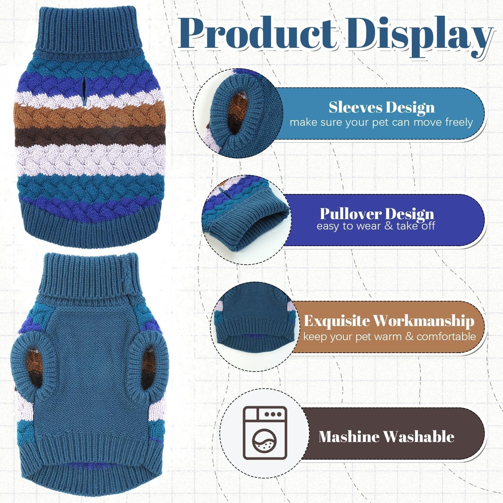 Kuoser Dog Sweater, Xs Dog Sweater Pet Cable Knitted Pullover Warm Clothes, Puppy Turtleneck Classic Knitwear Soft Thickening Ch