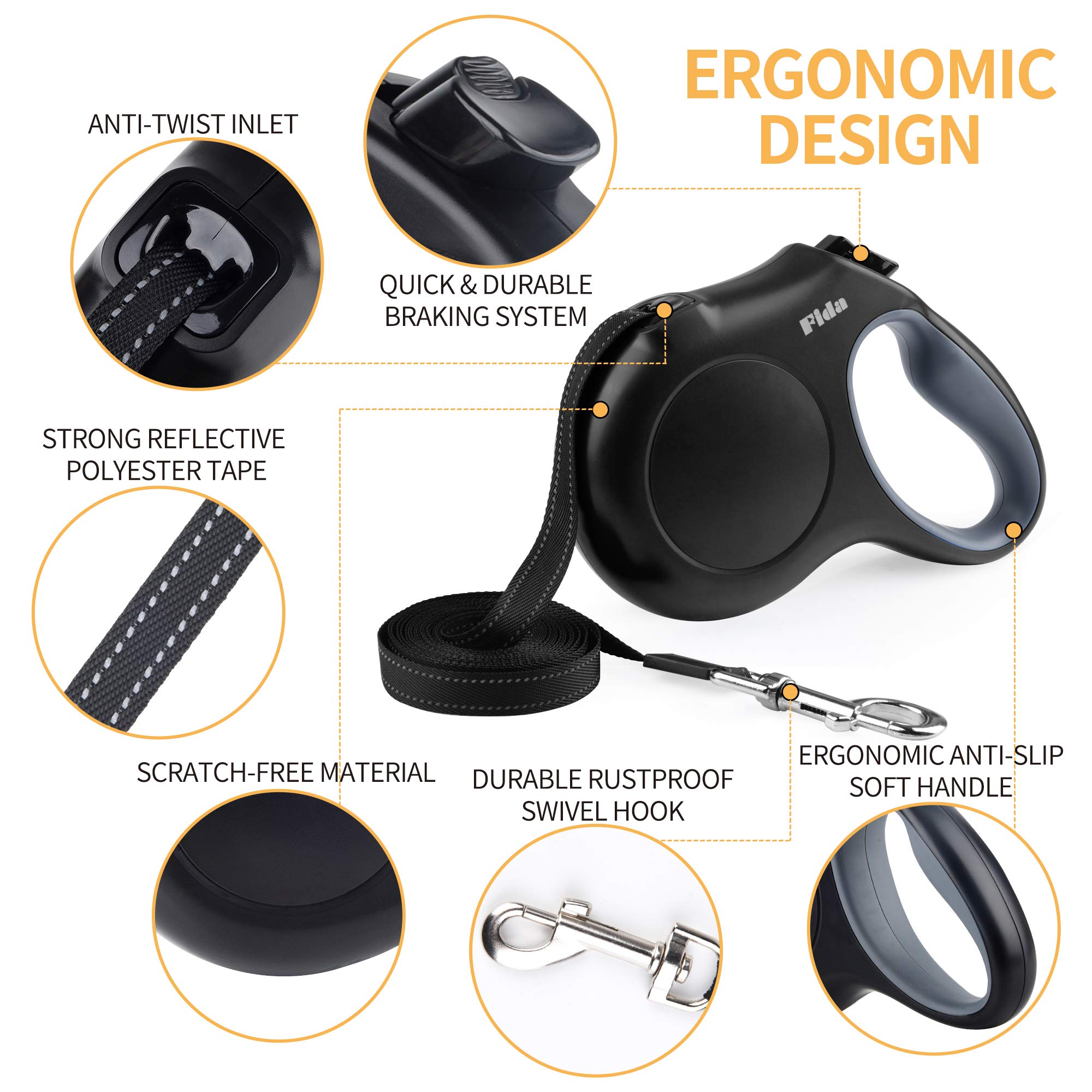 Fida Retractable Dog Leash - 16 ft, Tangle Free, Small Dogs up to 26 lbs, Black, Durable Resin Material