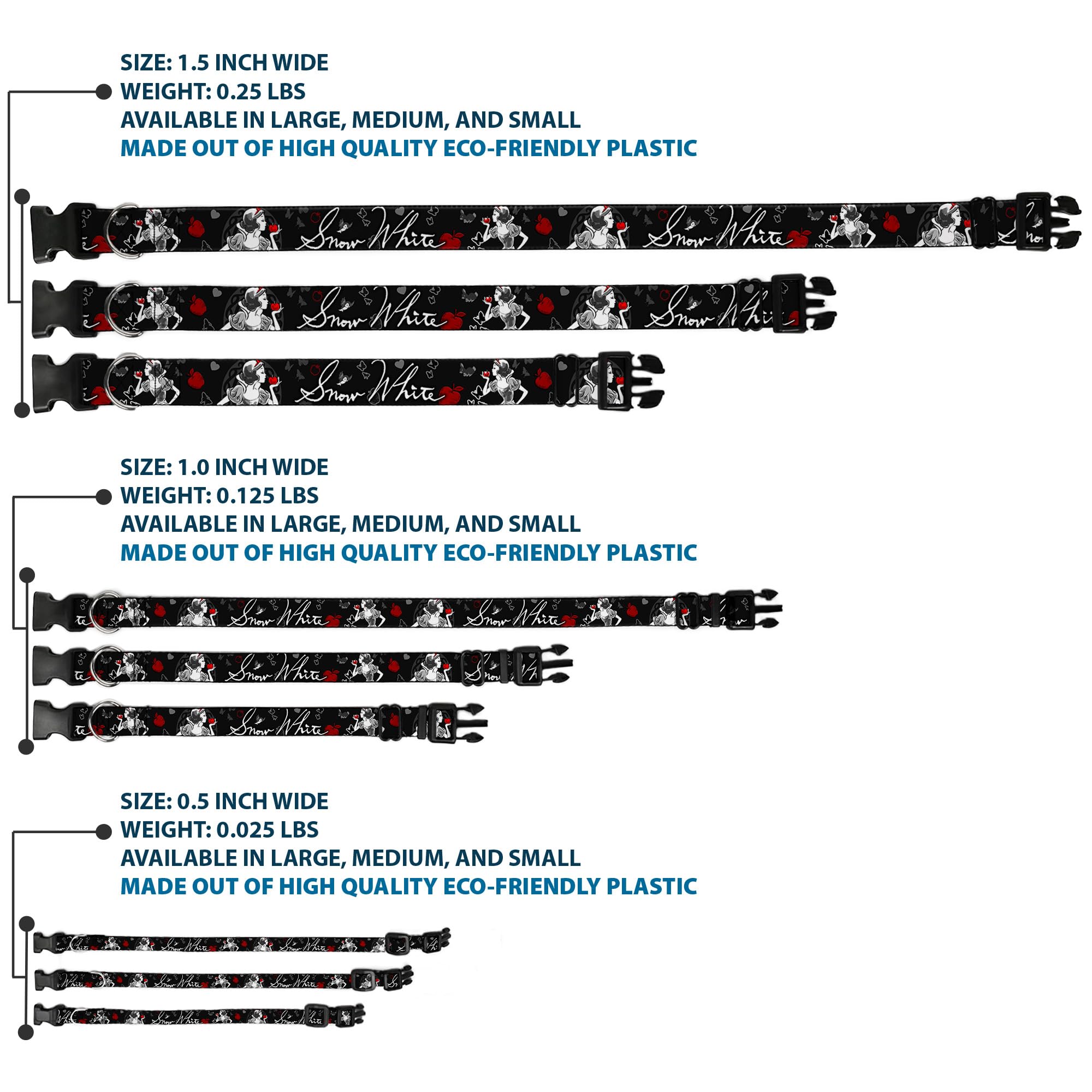 Buckle-Down Plastic Clip Collar - Snow White Apple Poses/Butterflies Black/Gray/Red - 1'' Wide - Fits 11-17'' Neck - Medium