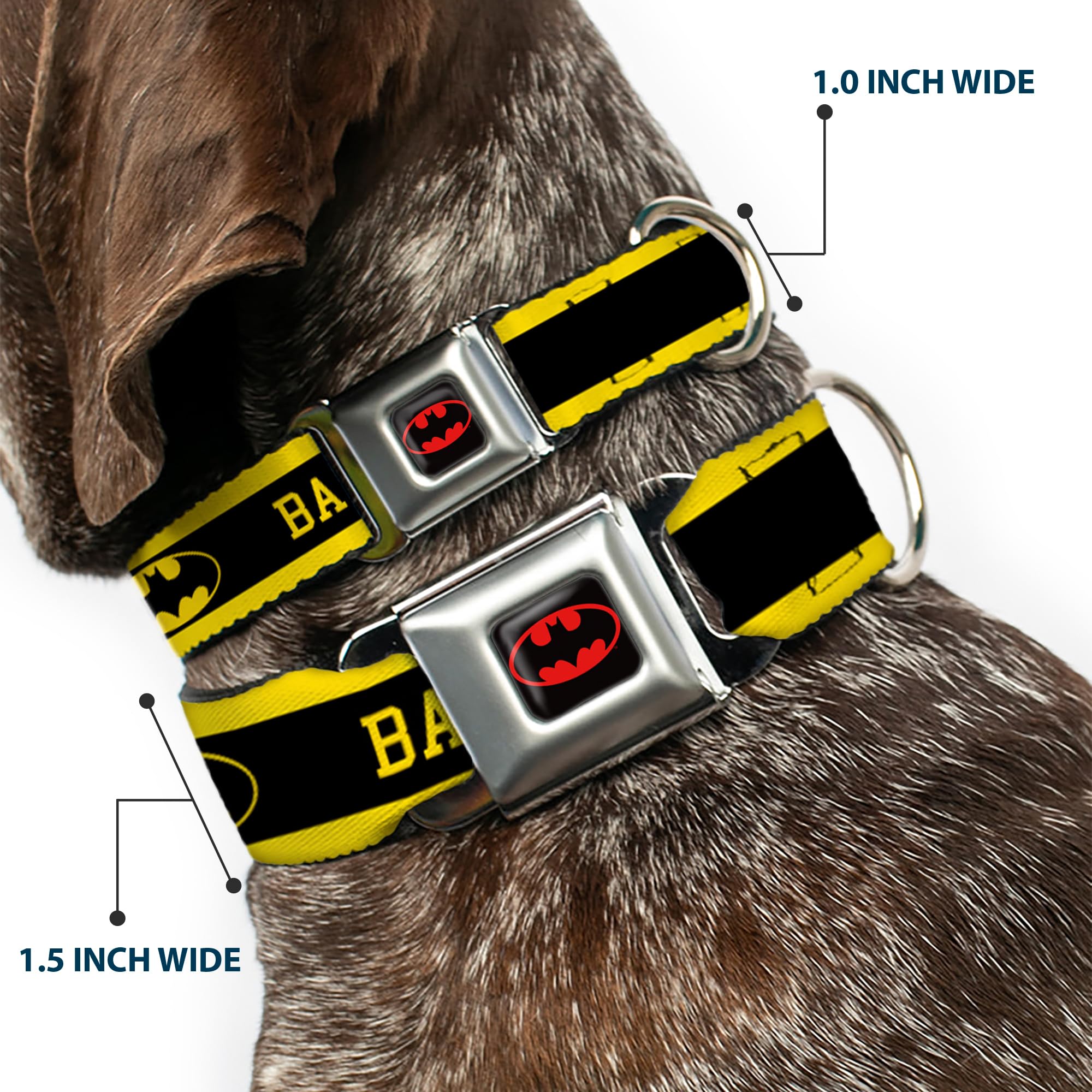 Buckle-Down Seatbelt Buckle Dog Collar - Batman/Logo Stripe Yellow/Black - 1.5' Wide - Fits 16-23' Neck - Medium