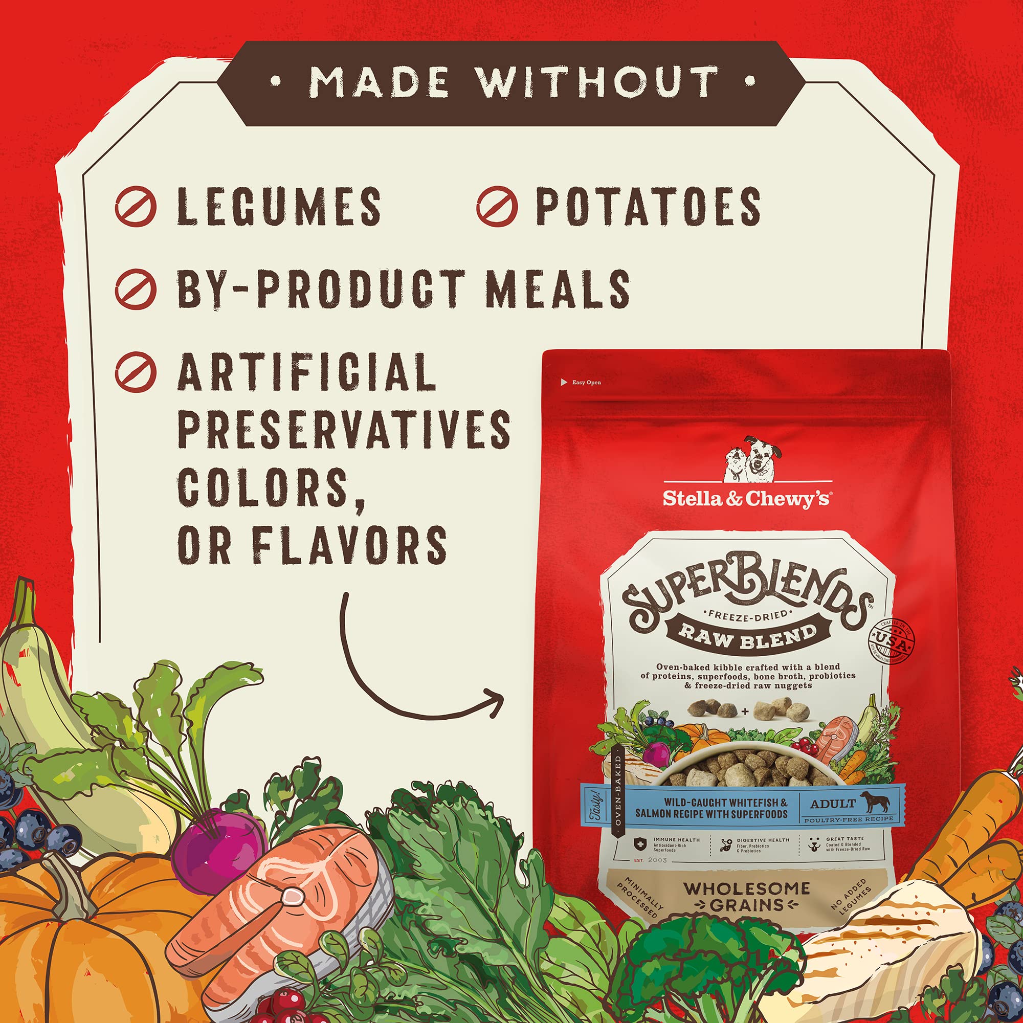 Stella & Chewy's SuperBlends Raw Blend Wild-Caught Whitefish & Salmon Recipe, 21 lb Bag, Wholesome Grains