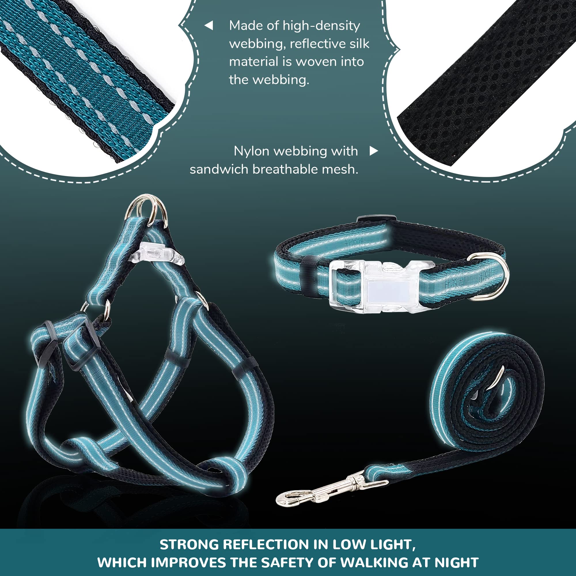 Reflective Dog Harness, Collar & Leash Set - No Pull Harness With Quick Release Buckle For Small Dogs - Double D - Ring Step - I